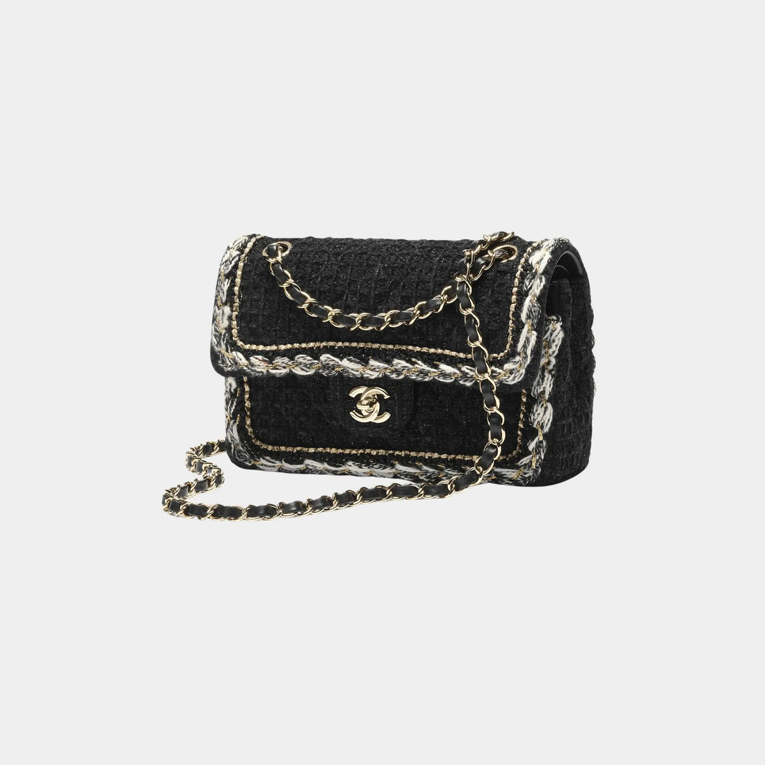 Chanel Small Classic Bag Cotton Tweed & Gold Metal Black, Front