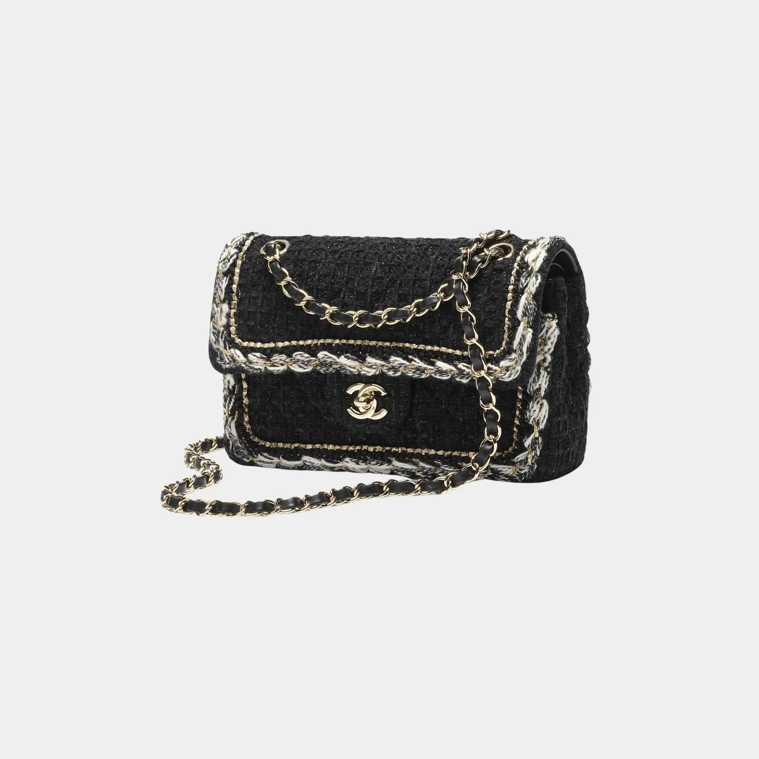 Chanel Small Classic Bag Cotton Tweed &amp; Gold Metal Black, Front