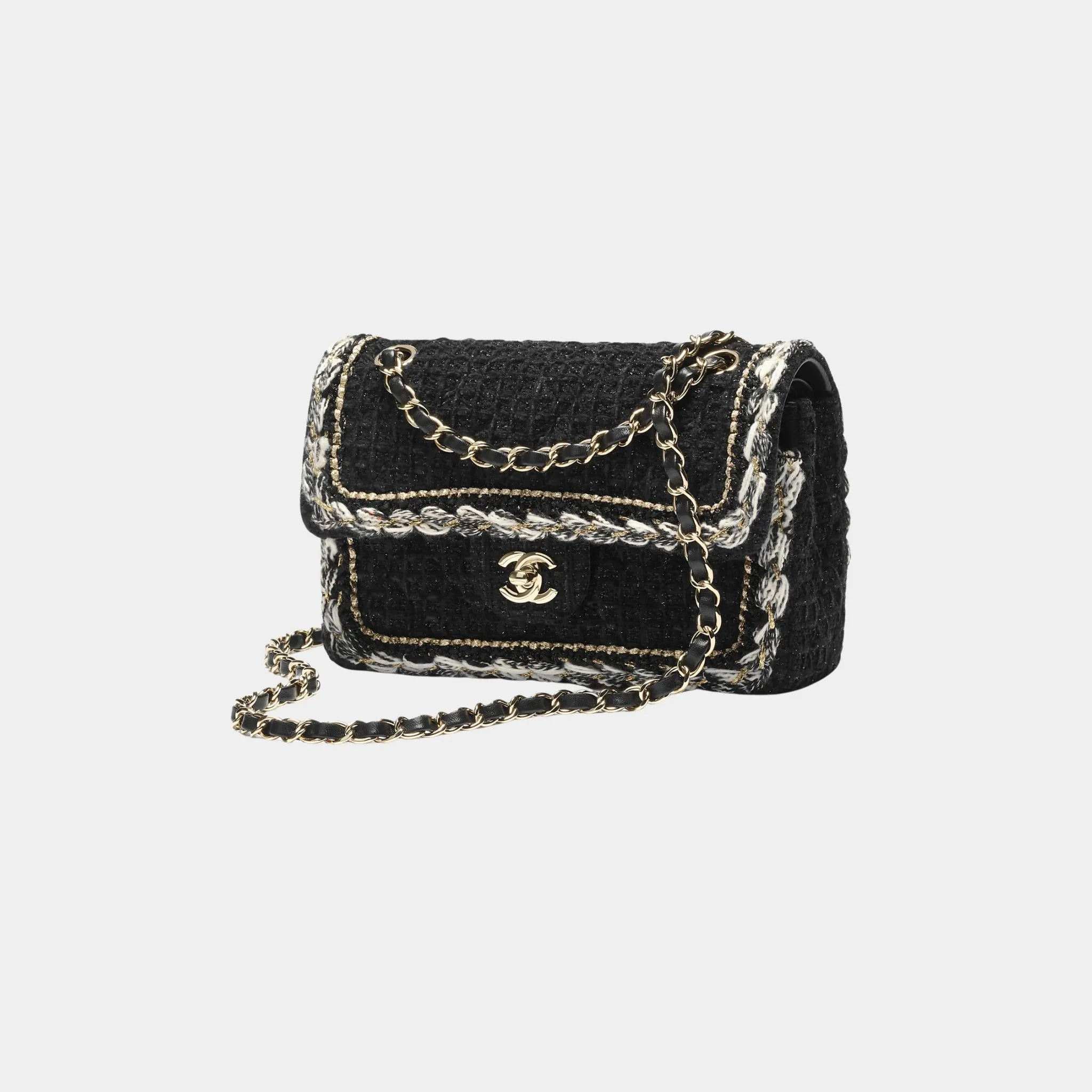Chanel Small Classic Bag Cotton Tweed &amp; Gold Metal Black, Front
