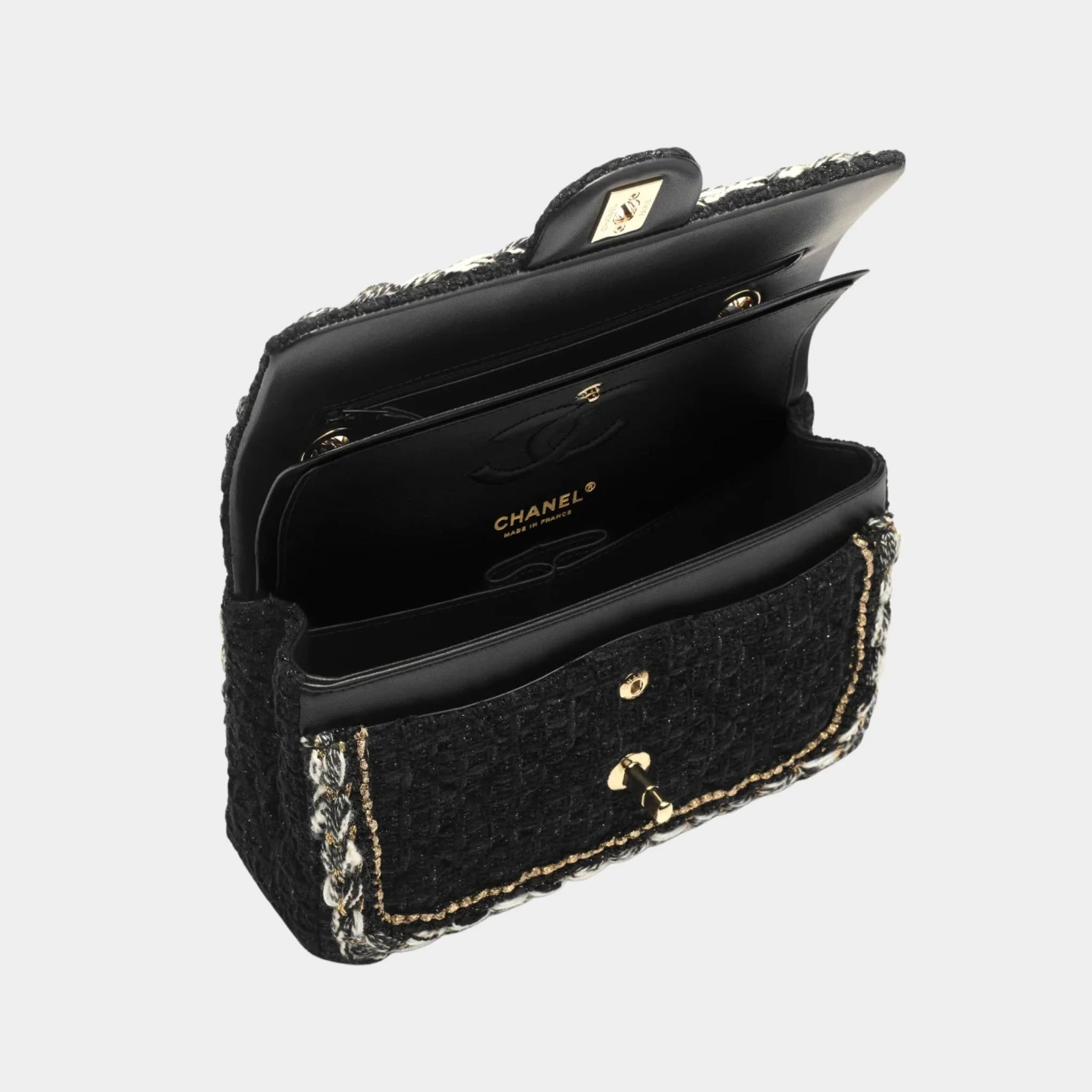 Chanel Small Classic Bag Cotton Tweed &amp; Gold Metal Black, Interior