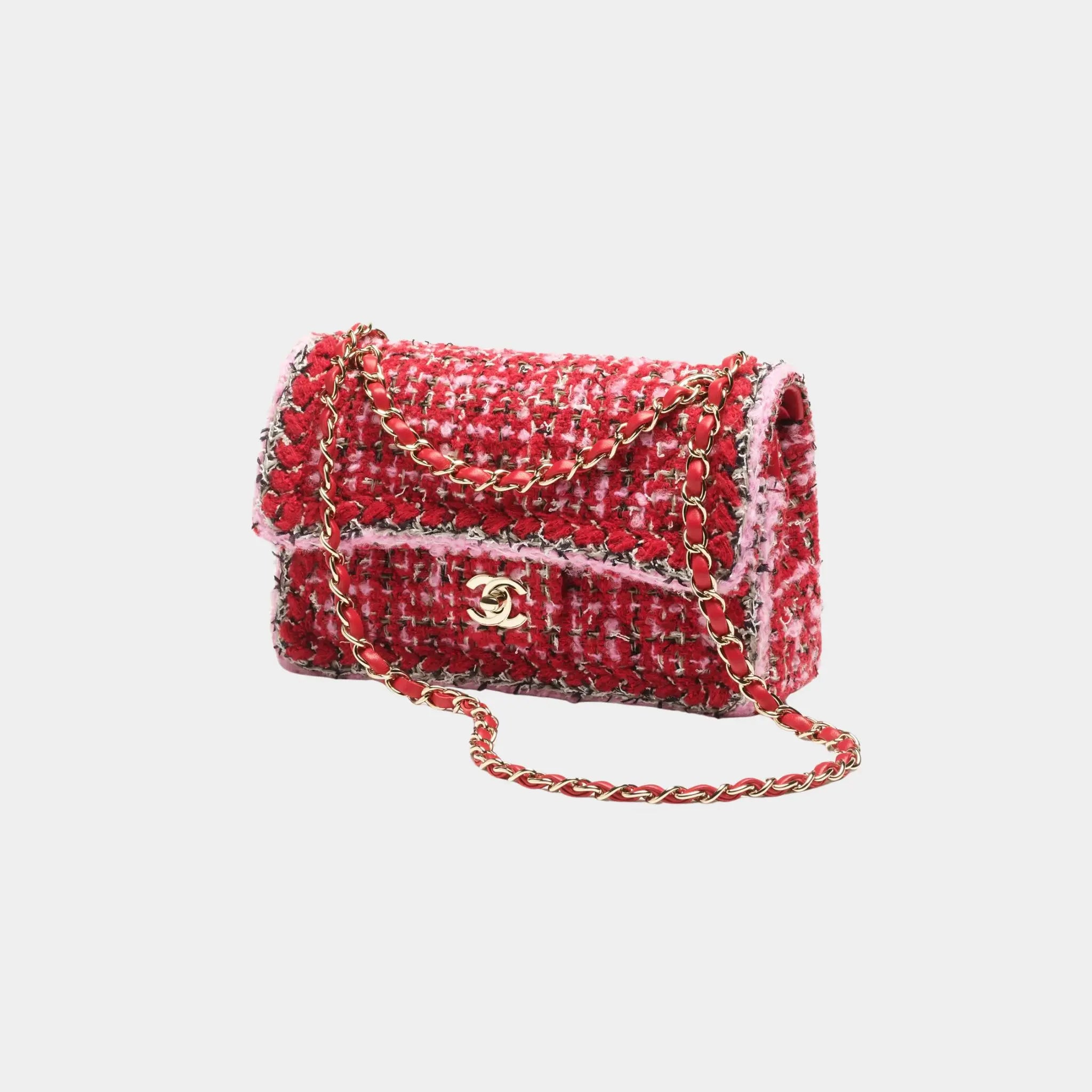 Chanel Small Classic Bag Tweed &amp; Gold Metal Red Pink &amp; Black, Front