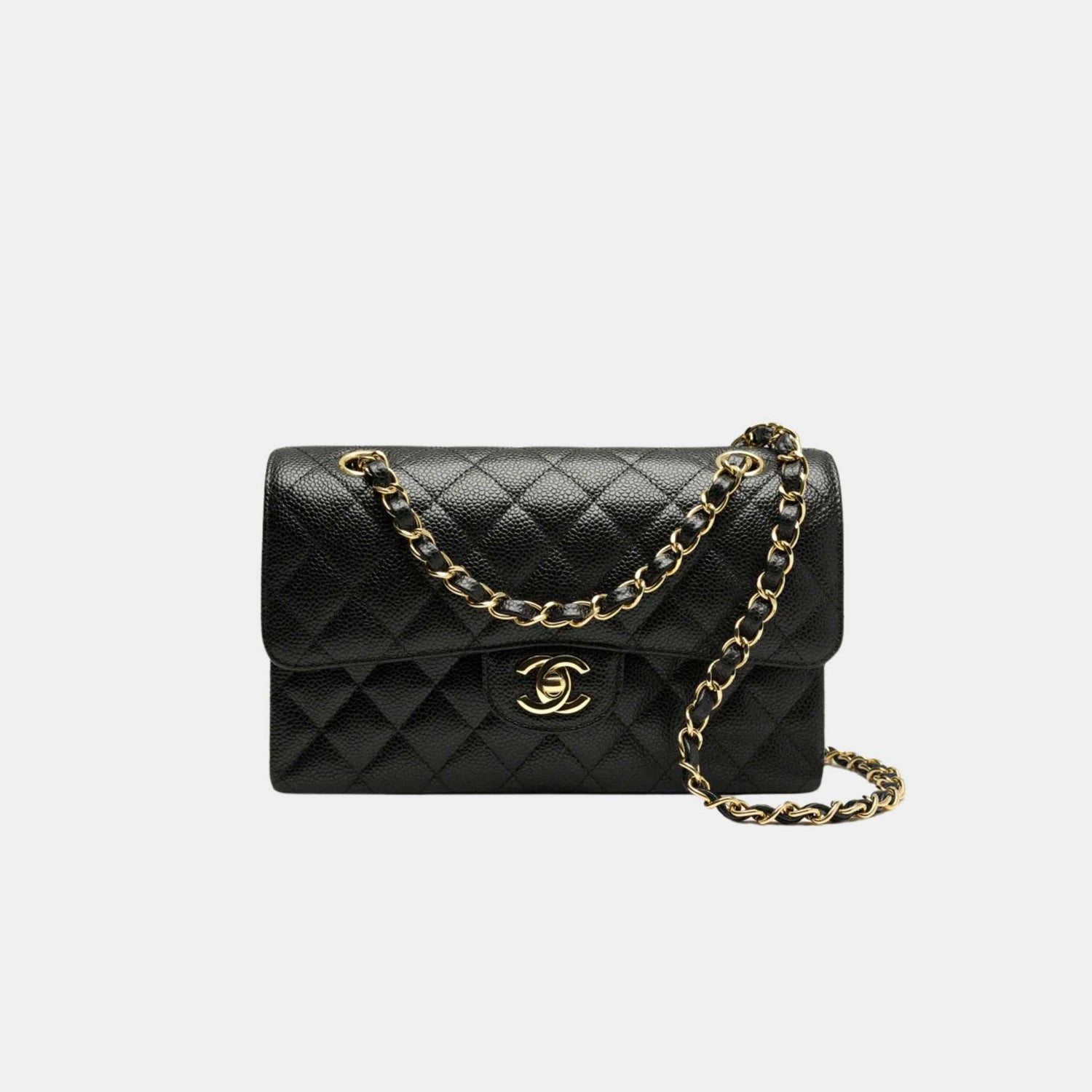Chanel Small Classic Handbag Grained Calfskin Gold Tone Metal Black, Front