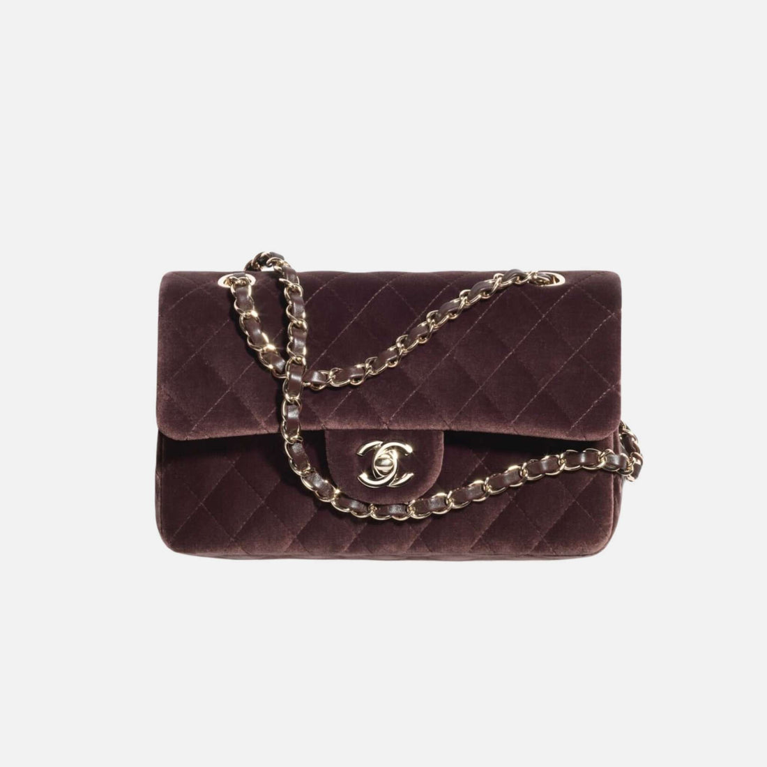 Chanel Small Classic Handbag In Velvet And Gold Metal, Dark Brown, Fornt