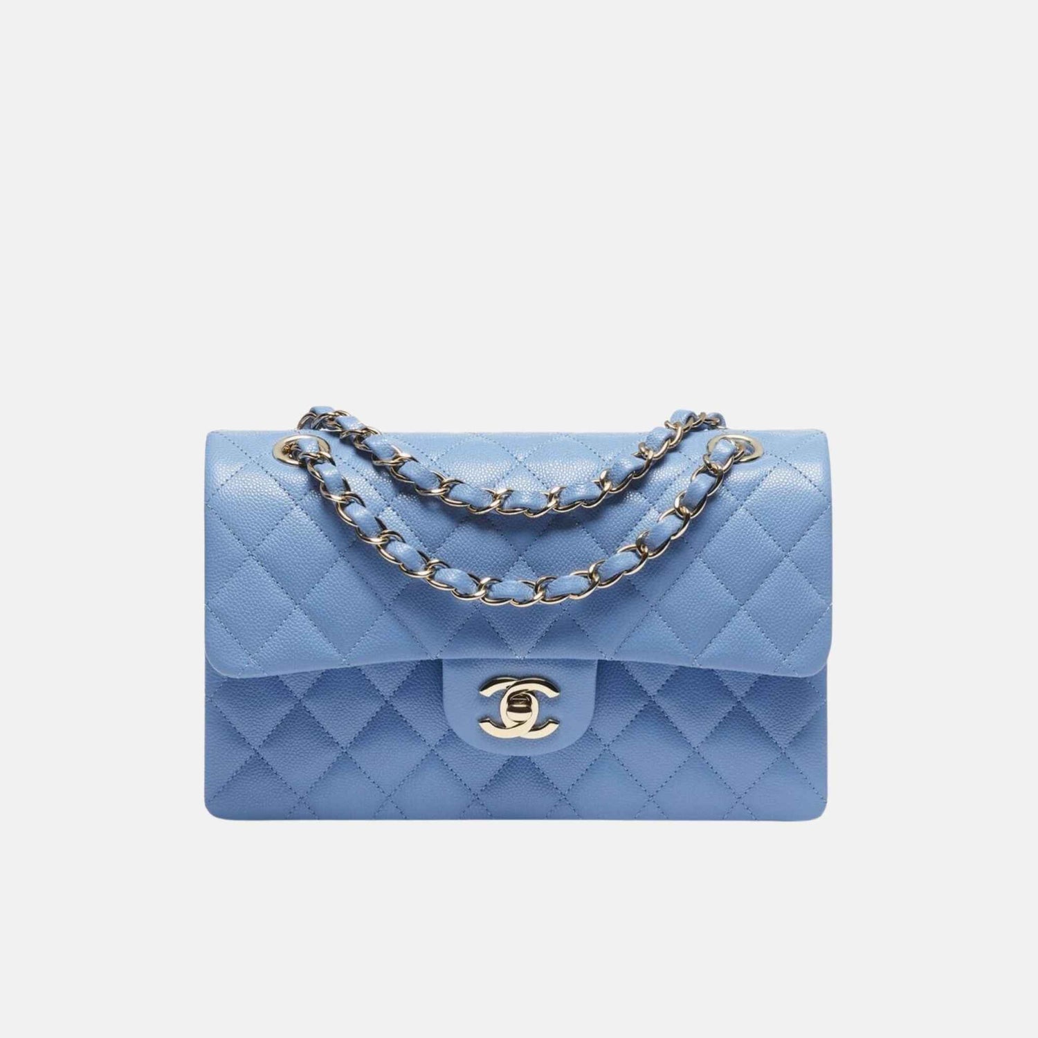 Chanel Small Classic Shiny Calfskin Handbag In Gold Tone, Blue, Front