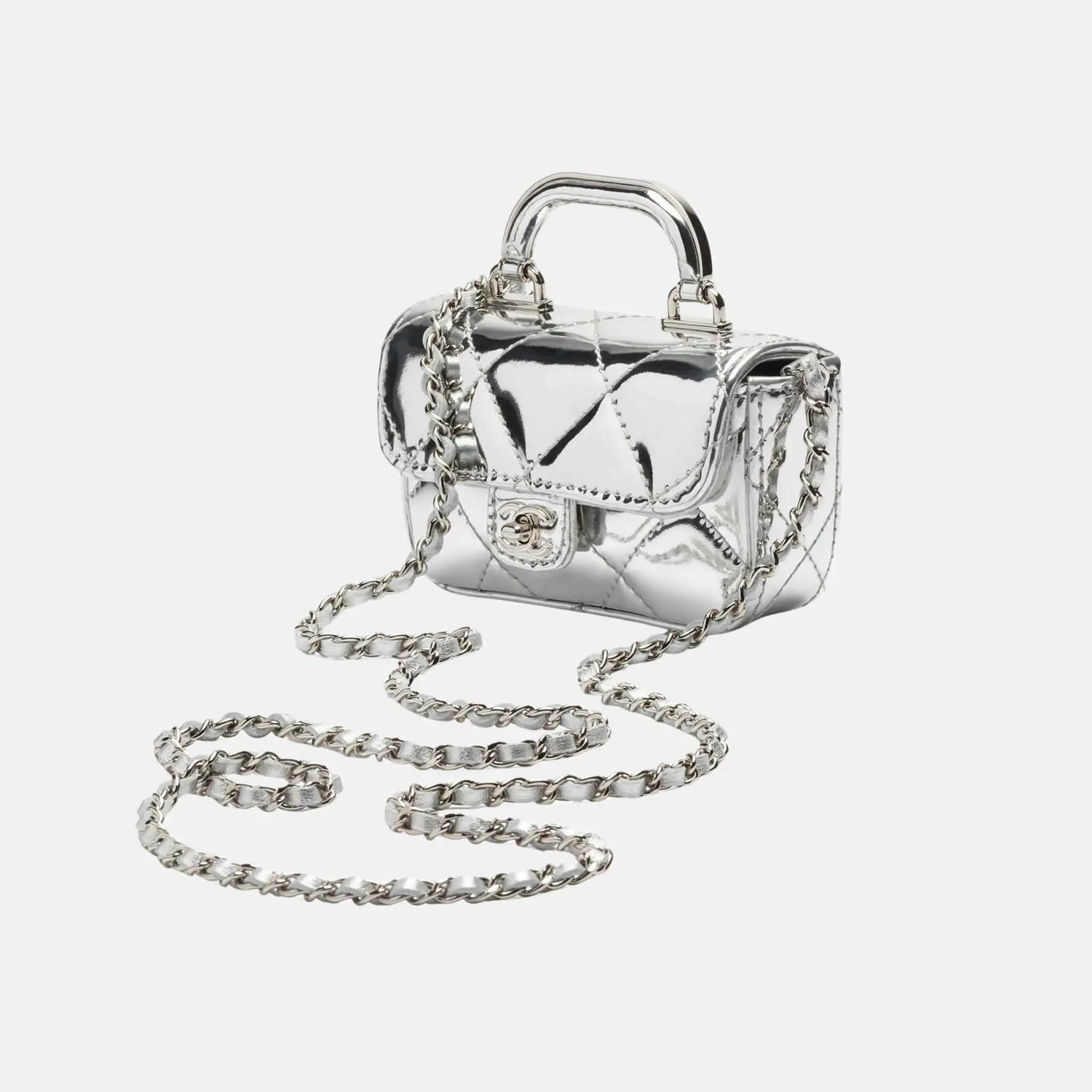 Chanel Small Clutch With Chain High Shine Calfskin , Silvery, Front