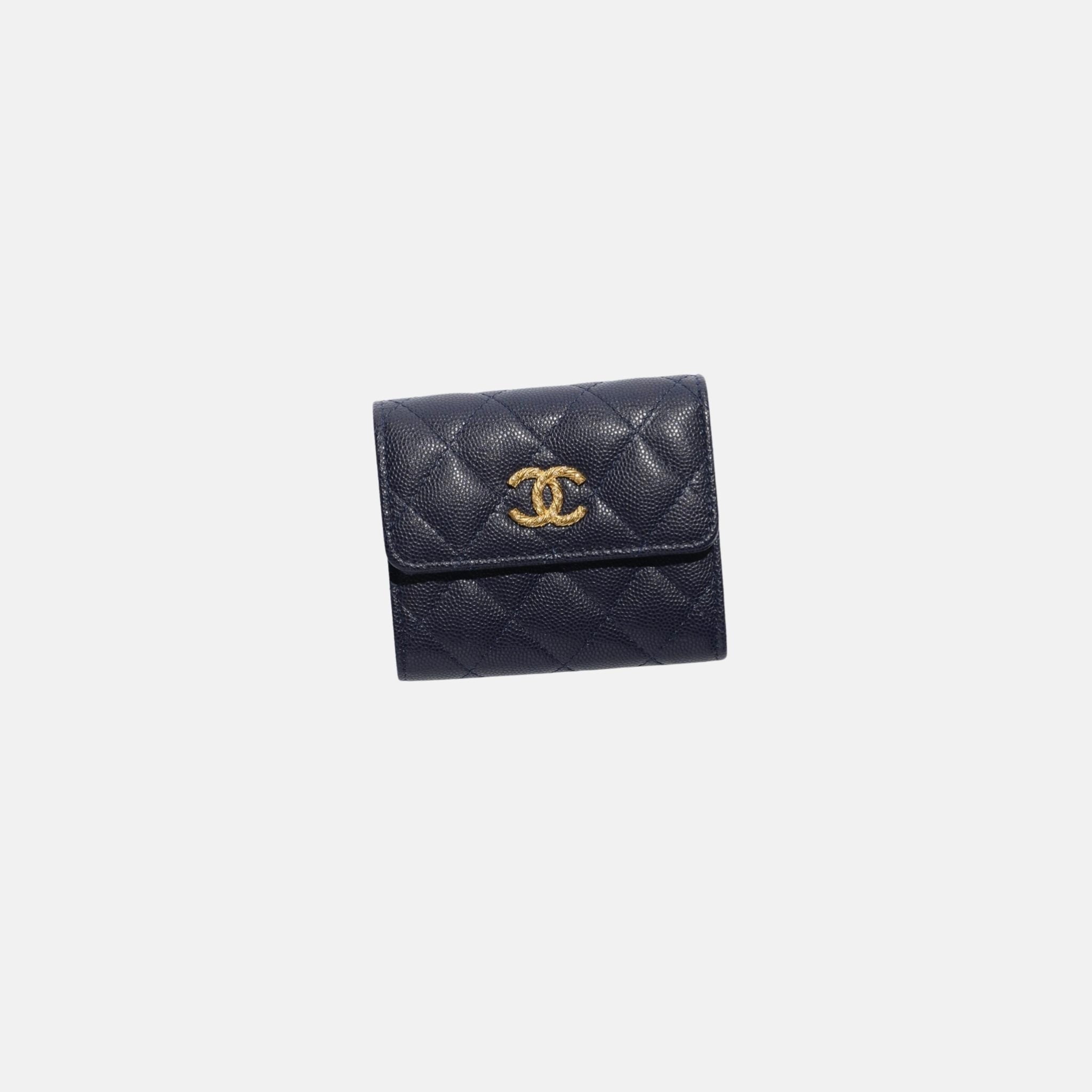 Chanel Small Double Wallet in Shiny Grained Calfskin in Dark Blue, Front