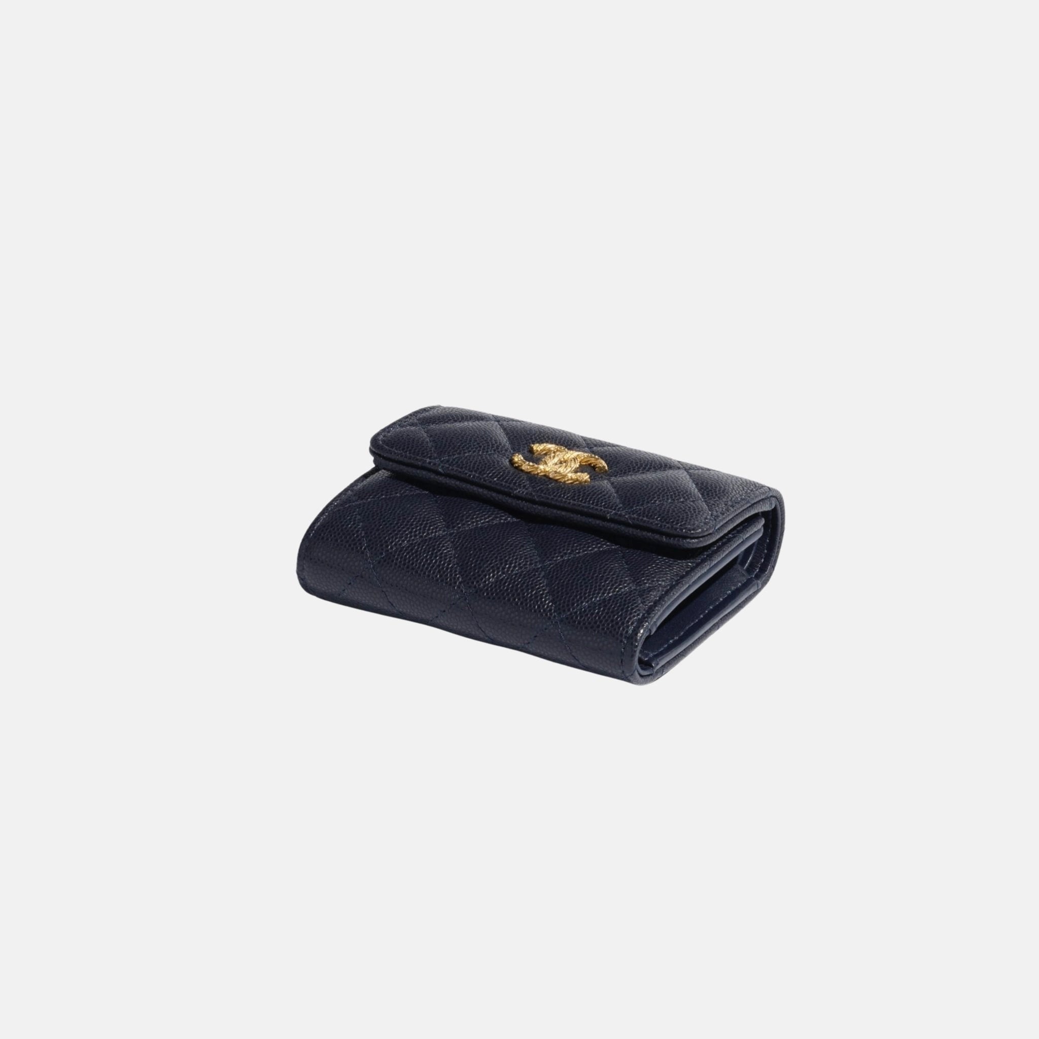 Chanel Small Double Wallet in Shiny Grained Calfskin in Dark Blue, Side