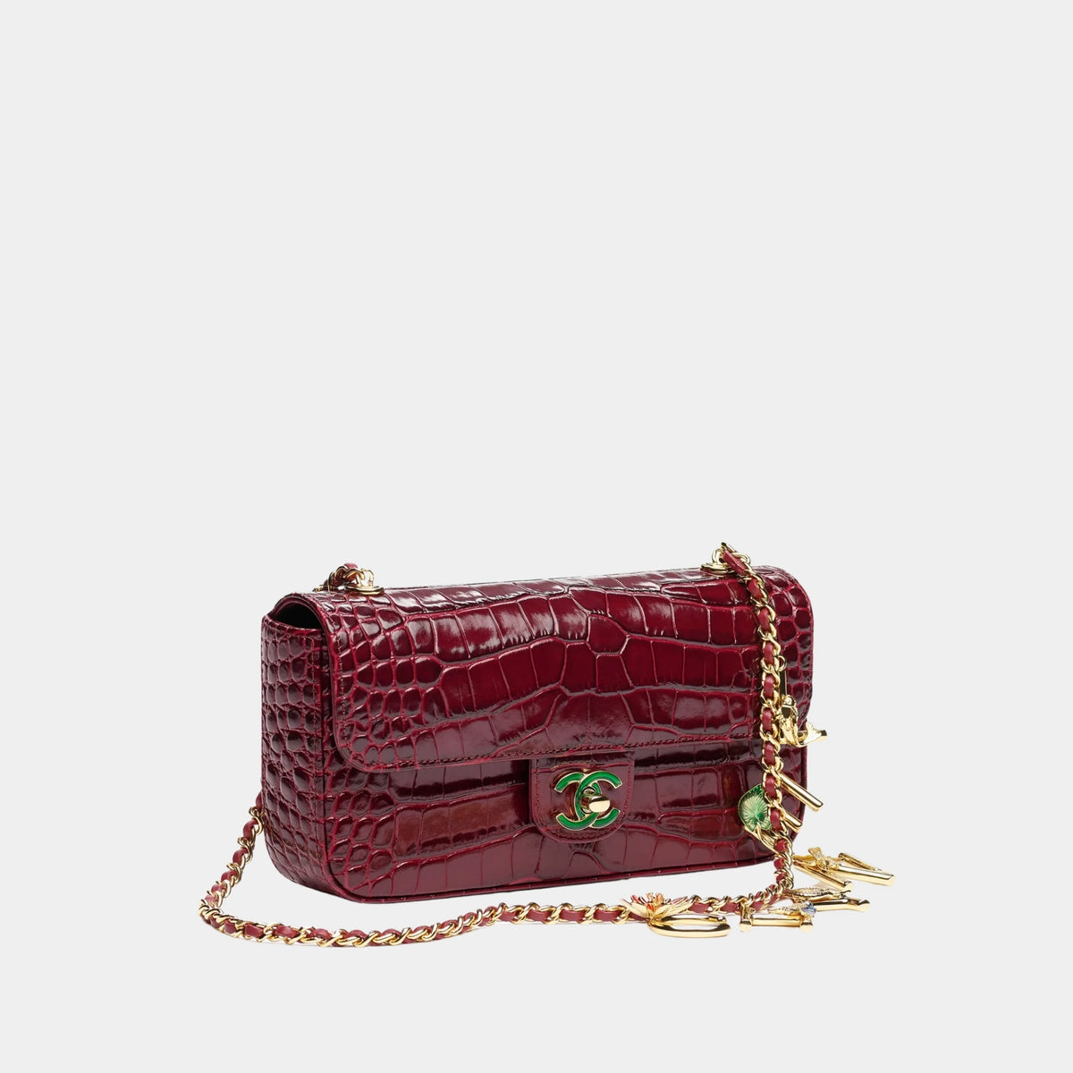 Small Flap Bag Crocodile-Embossed Calfskin Enamel & Gold-tone Metal