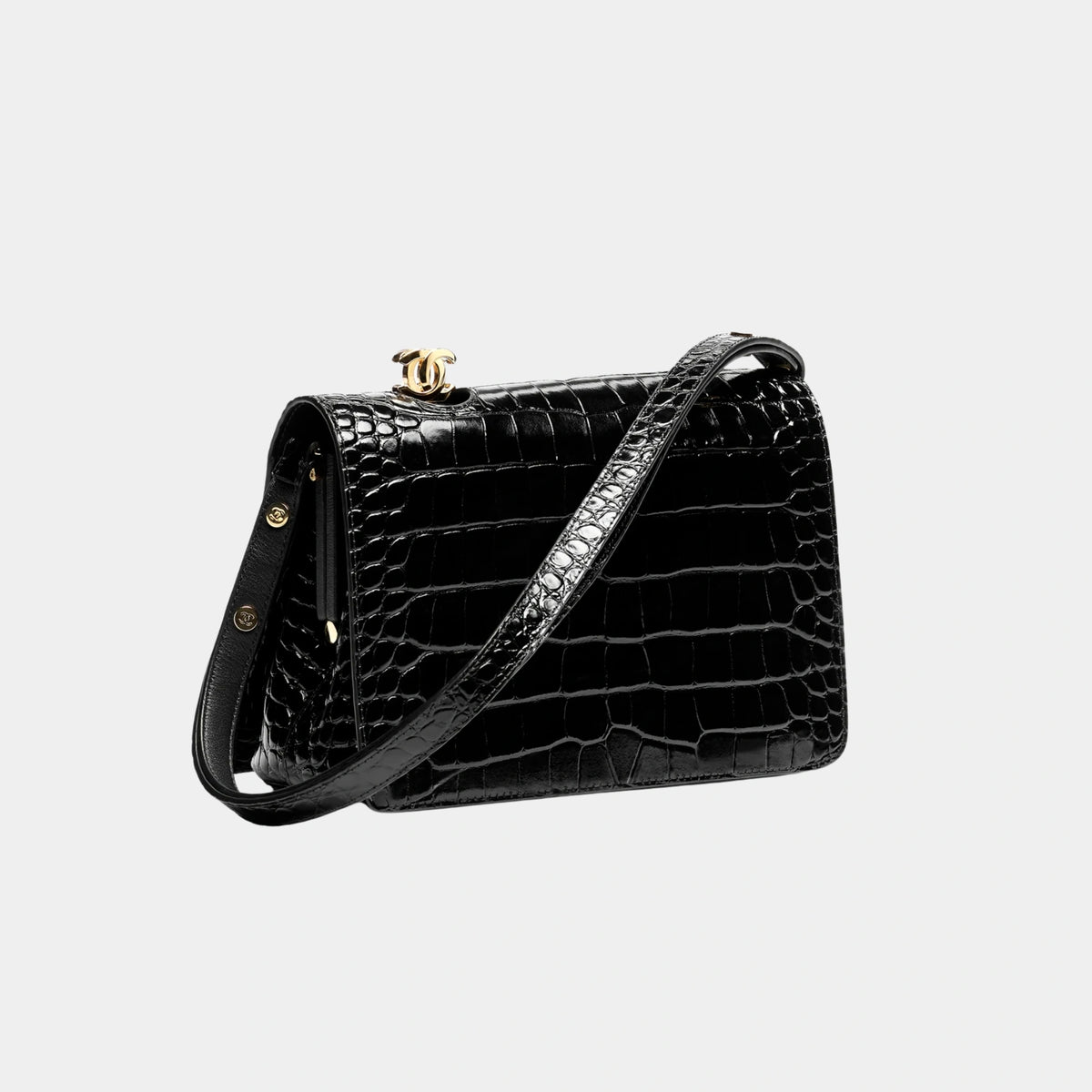 Small Flap Bag Crocodile Embossed Calfskin & Gold-Tone Metal Black