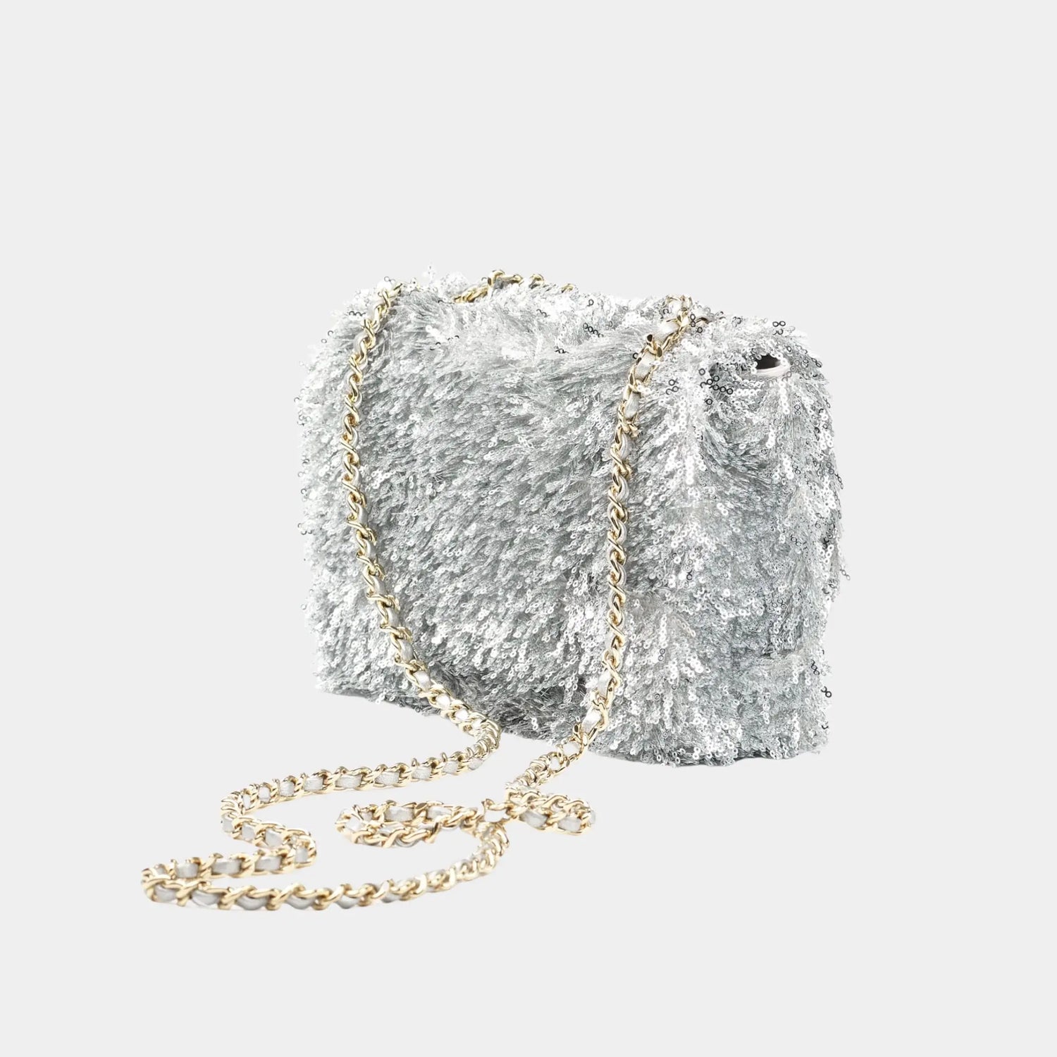 Small Flap Bag Fringed Sequins &amp; Gold-Tone Metal Silver