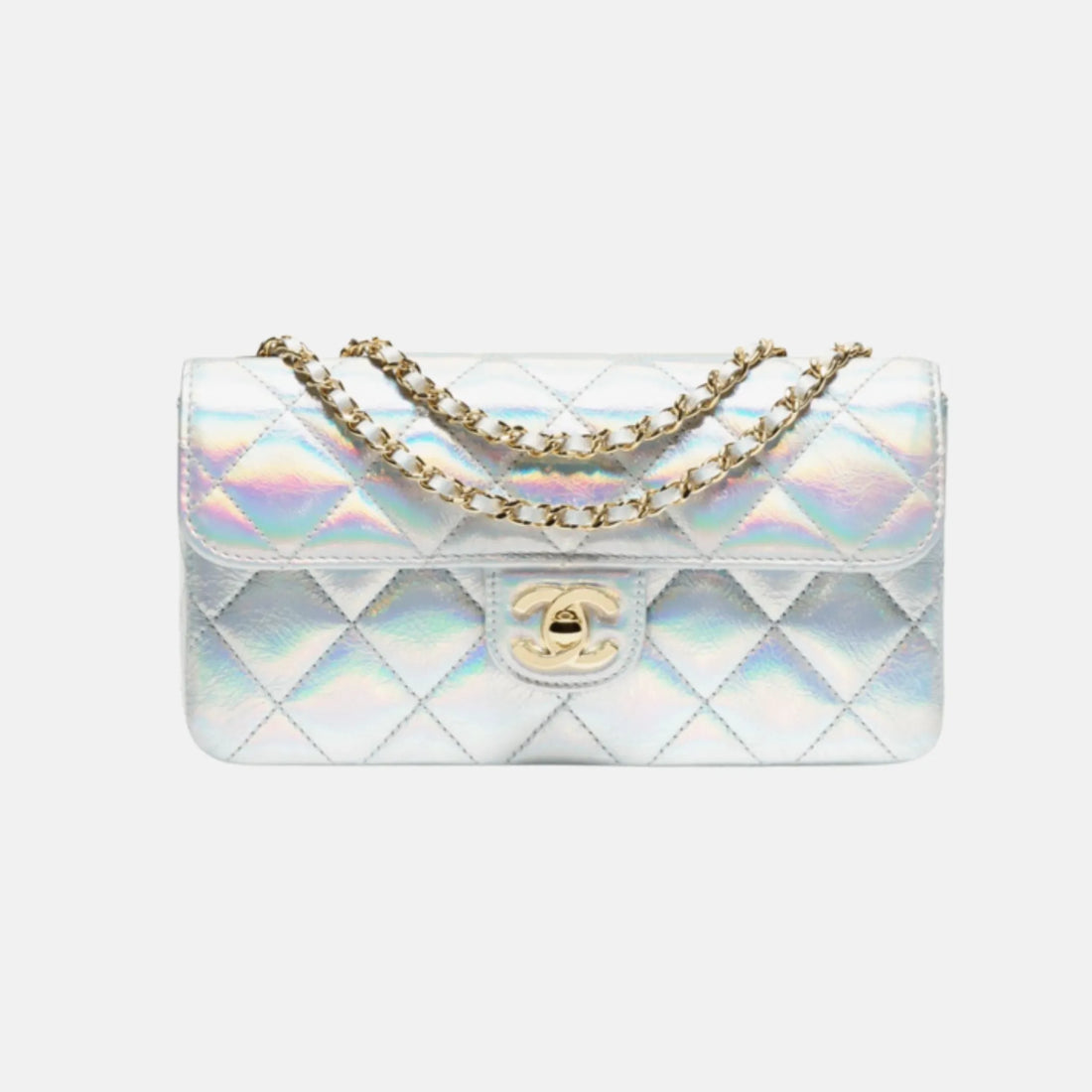 حقيبة Chanel صغيرة بغطاء من جلد العجل اللامع المتلألئ باللون الفضي