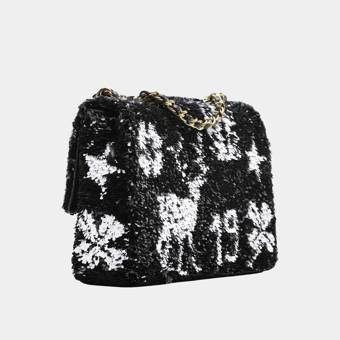 Chanel Small Flap Bag Sequins & Gold-Tone Metal Black & White