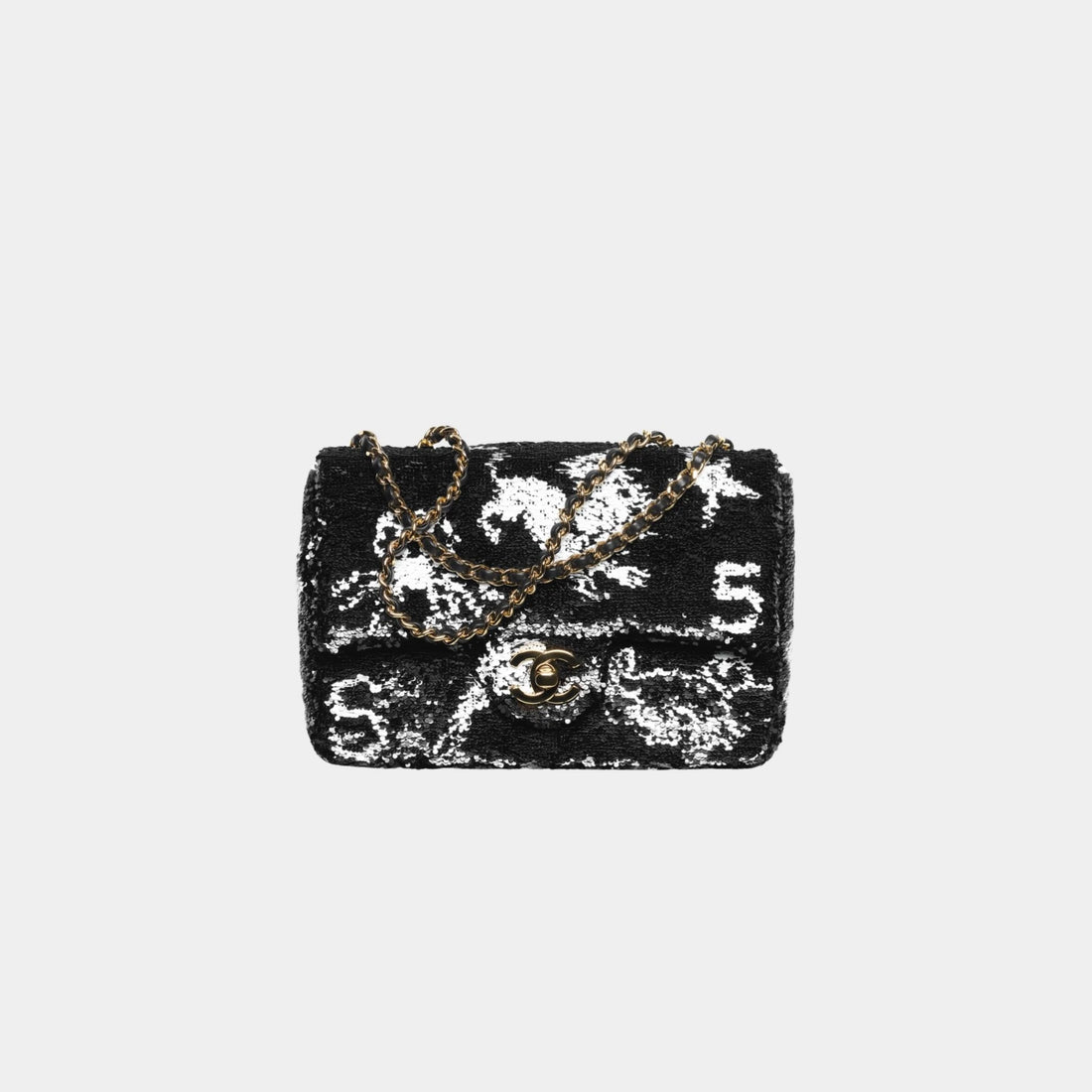 Chanel Small Flap Bag Sequins & Gold-Tone Metal Black & White