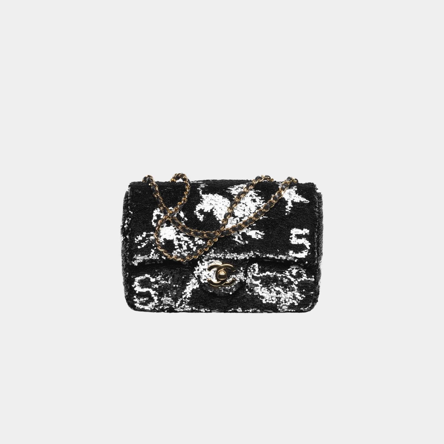Chanel Small Flap Bag Sequins &amp; Gold-Tone Metal Black &amp; White