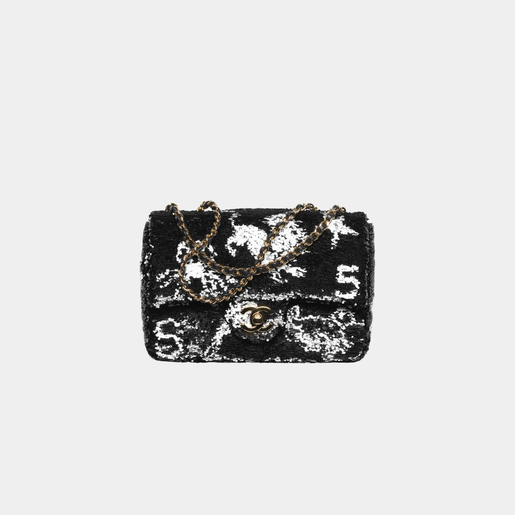 Chanel Small Flap Bag Sequins &amp; Gold-Tone Metal Black &amp; White