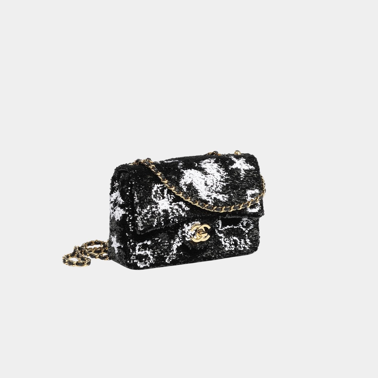 Chanel Small Flap Bag Sequins &amp; Gold-Tone Metal Black &amp; White