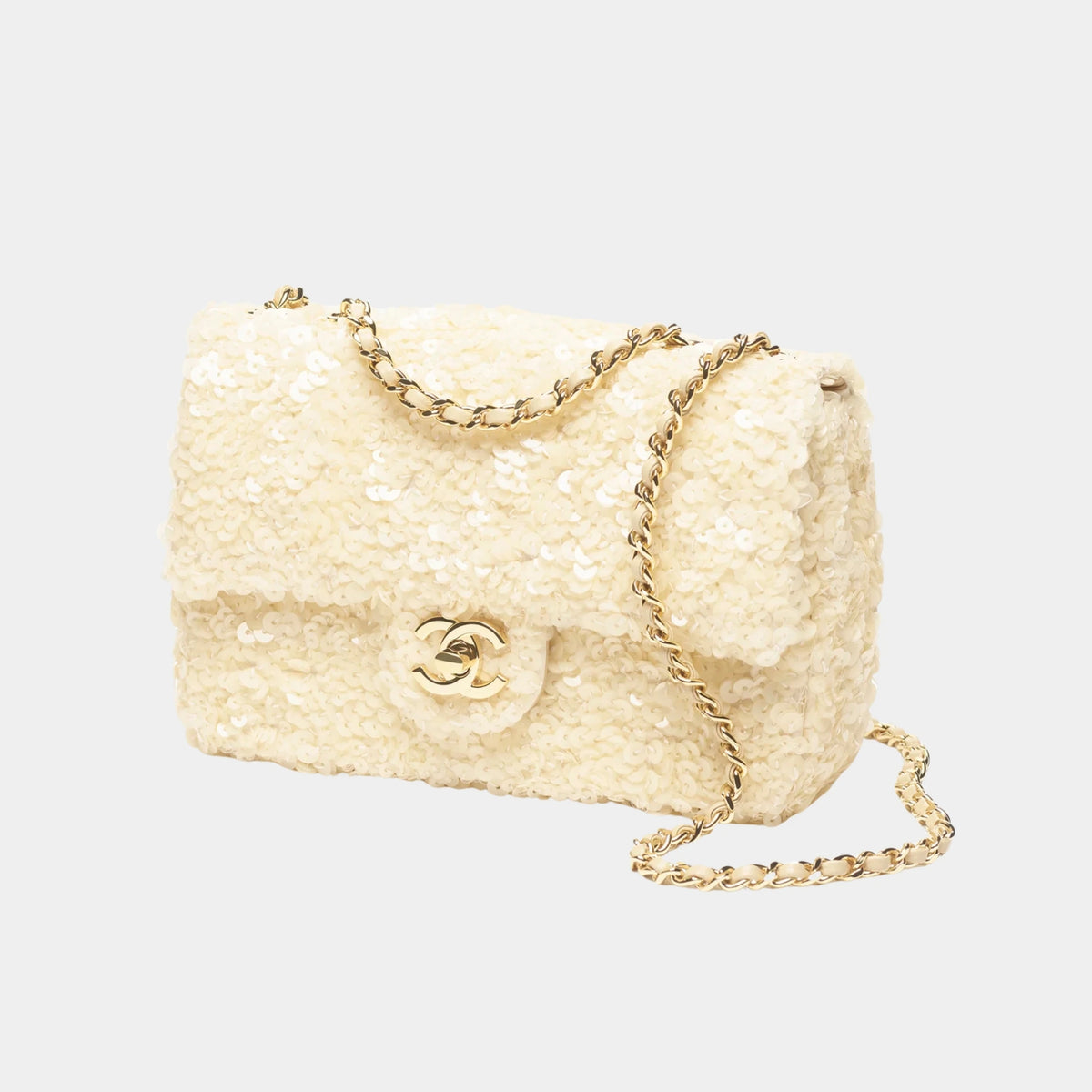 Small Flap Bag Sequins & Gold-Tone Metal Ecru