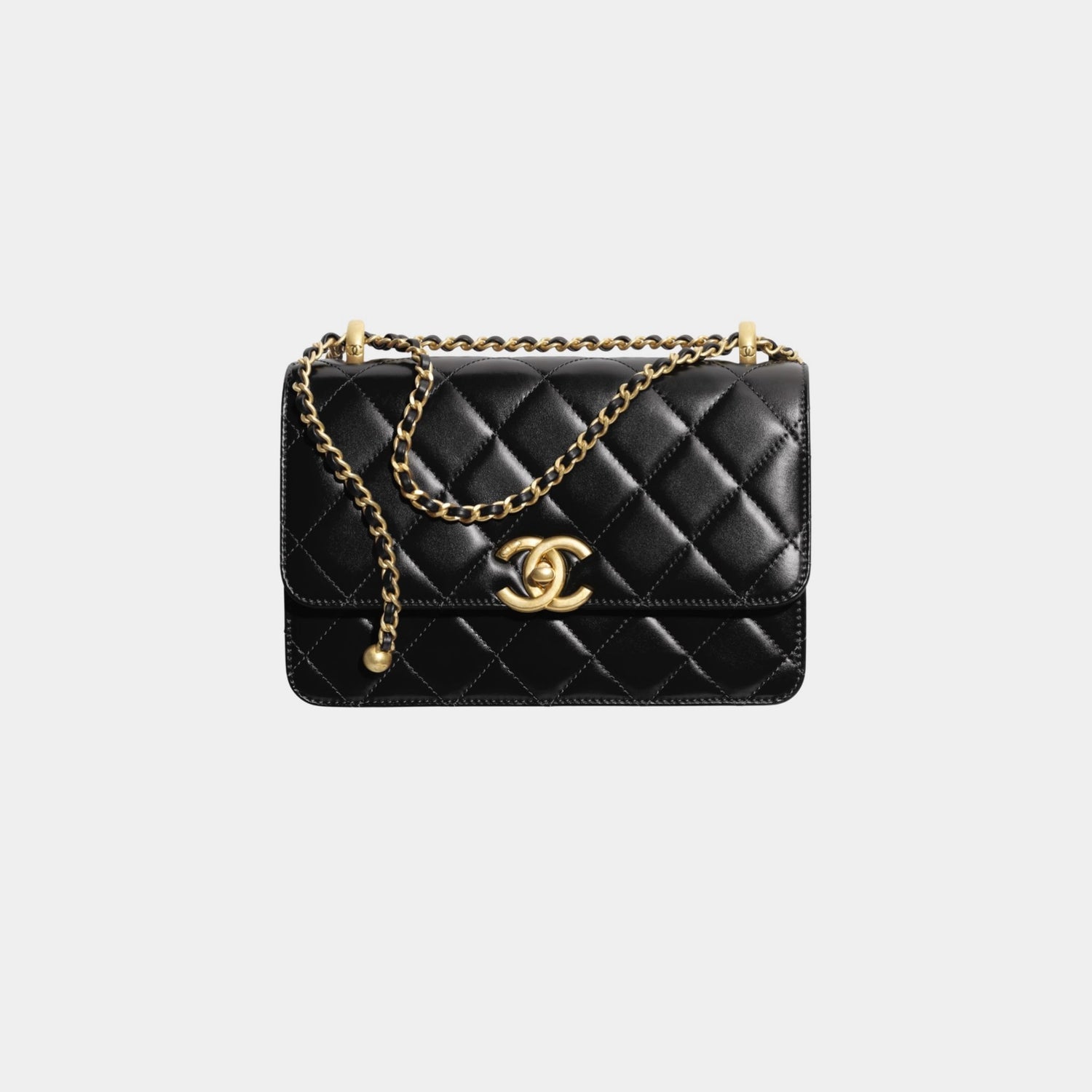 Small Flap Bag Shiny Calskin &amp; Gold Tone Metal Black