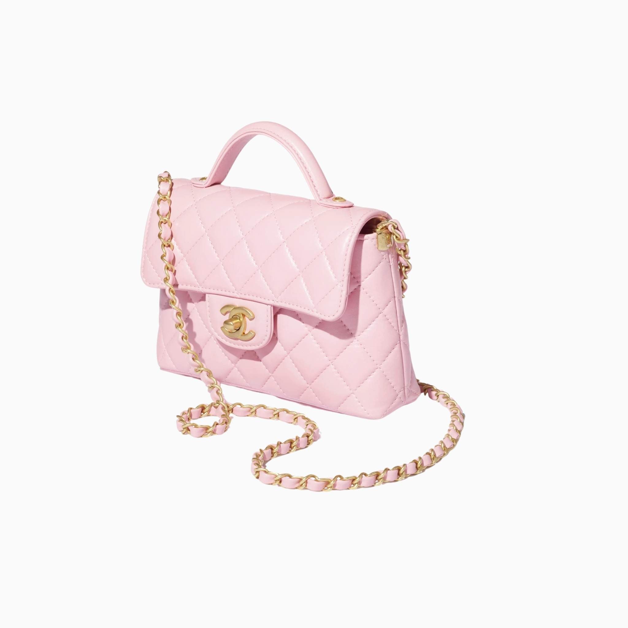 Chanel Small Flap Bag With Top Handle Lambskin, Light Pink, Side