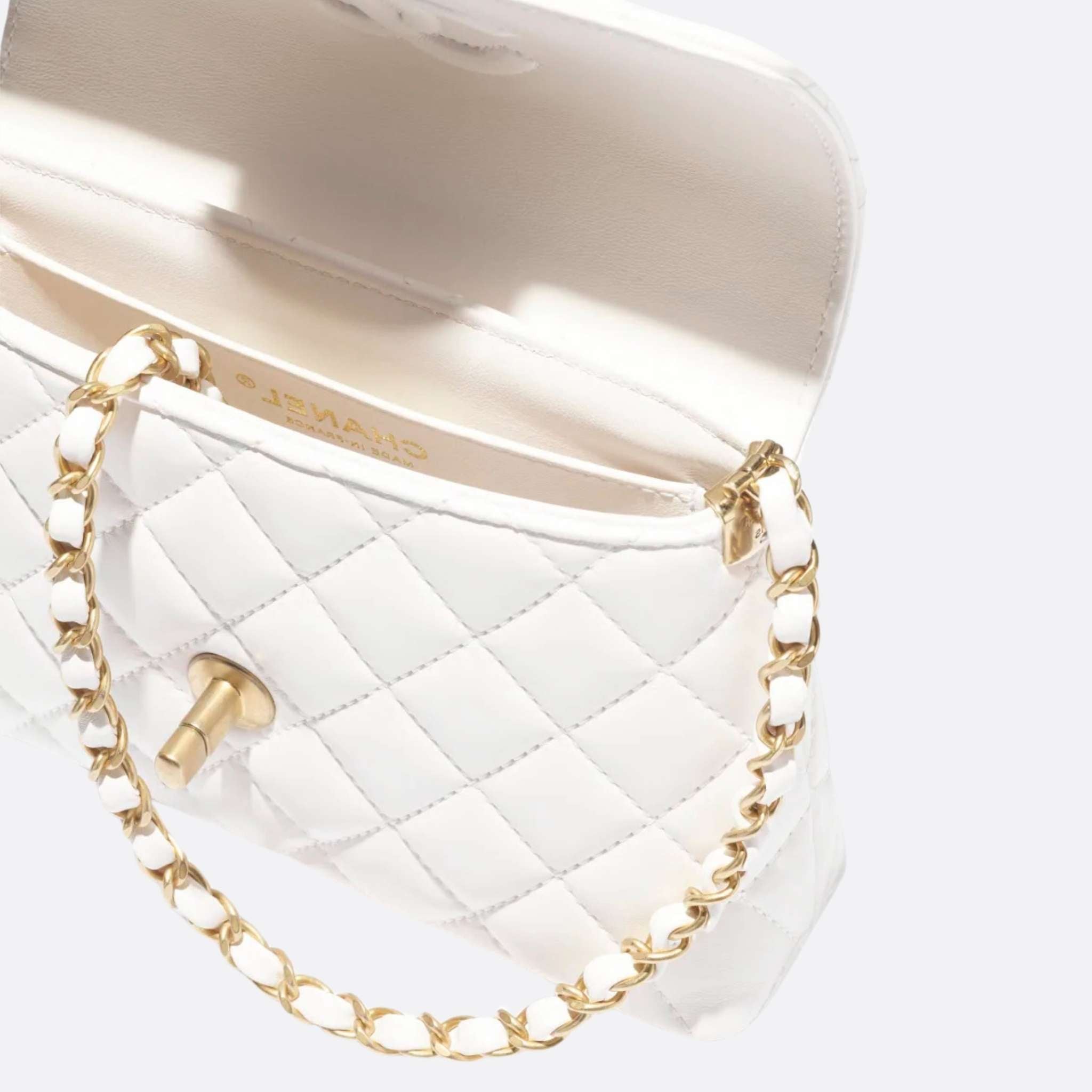 Chanel Small Flap Bag With Top Handle Lambskin, White, Inside