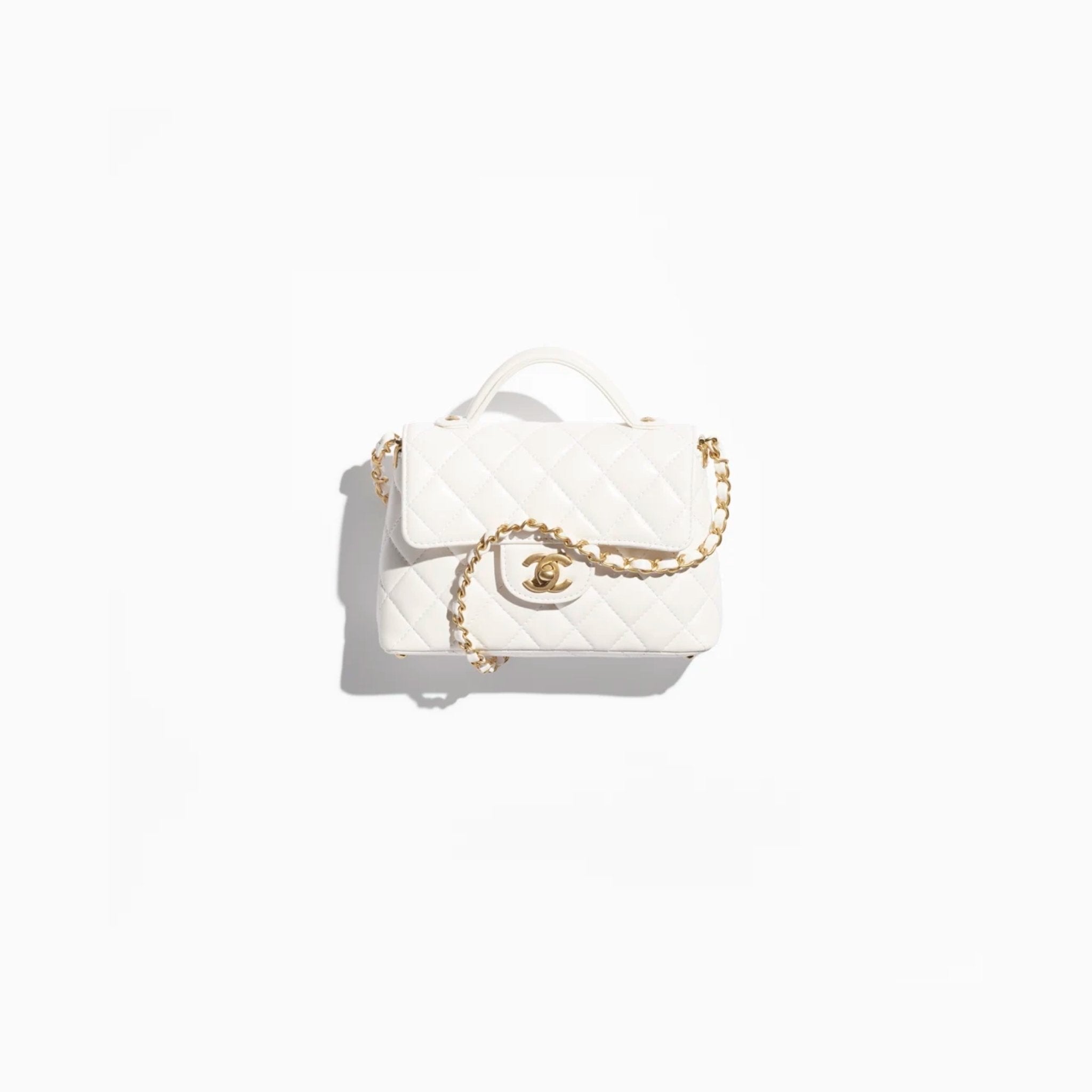 Chanel Small Flap Bag With Top Handle Lambskin, White, Top 