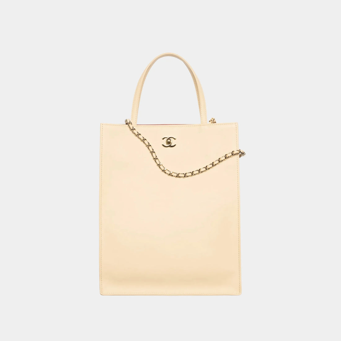 Chanel Small Tote Bag in Calfskin & Gold-Tone Metal, Beige, Front