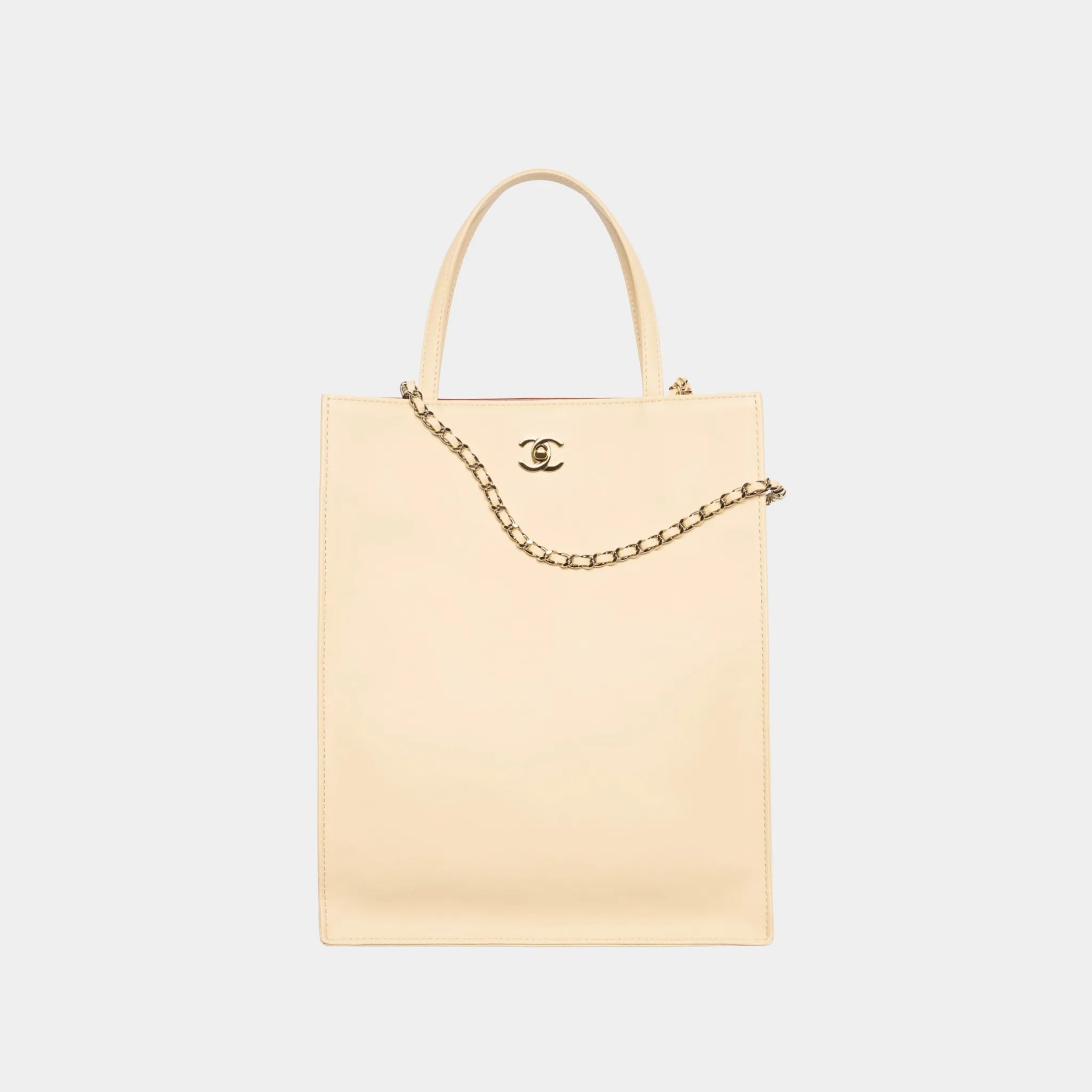 Chanel Small Tote Bag in Calfskin &amp; Gold-Tone Metal, Beige, Front