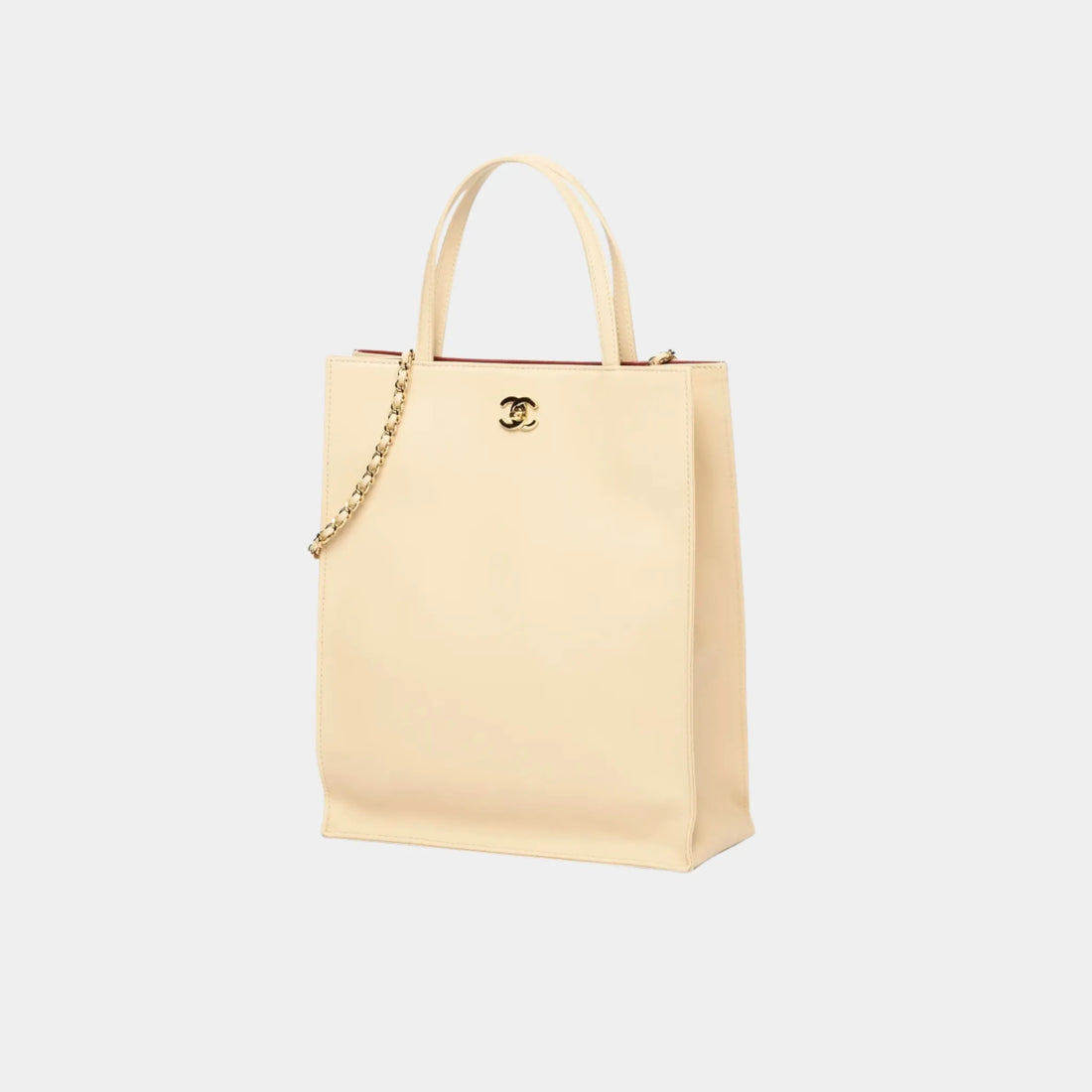 Chanel Small Tote Bag in Calfskin & Gold-Tone Metal, Beige, Side