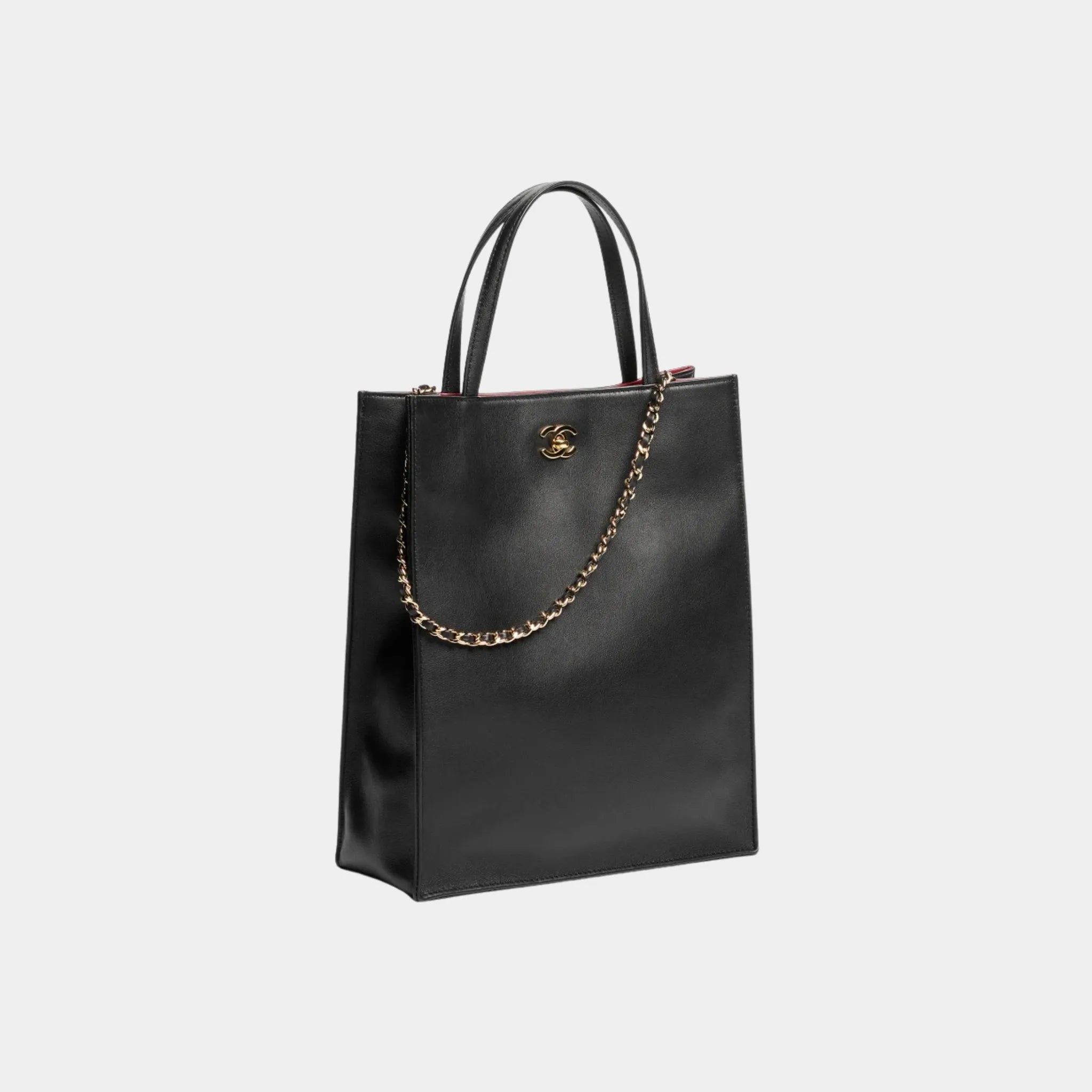 Chanel Small Tote Bag in Calfskin &amp; Gold-Tone Metal, Black, Side
