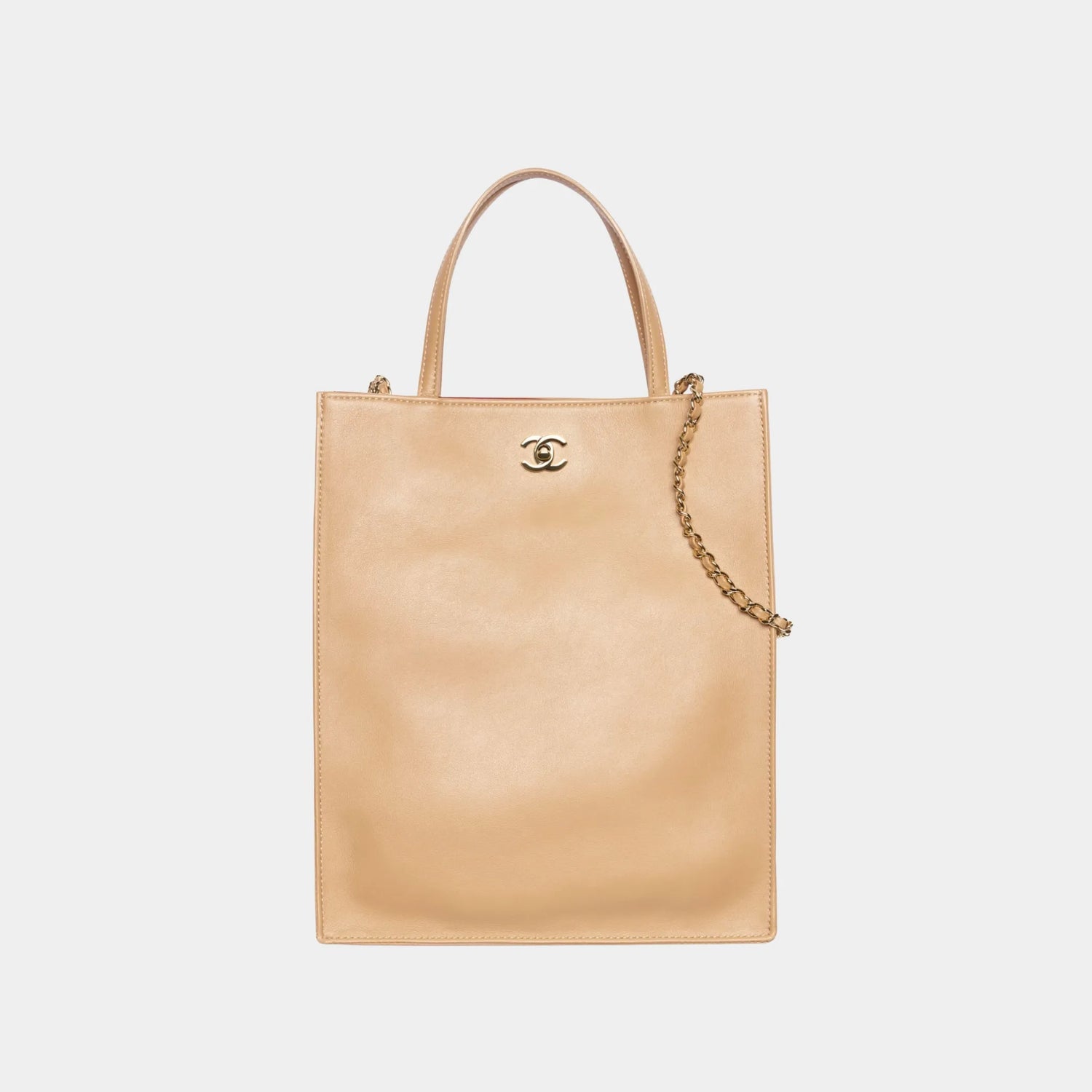 Chanel Small Tote Bag in Calfskin &amp; Gold-Tone Metal, Dark Beige, Front