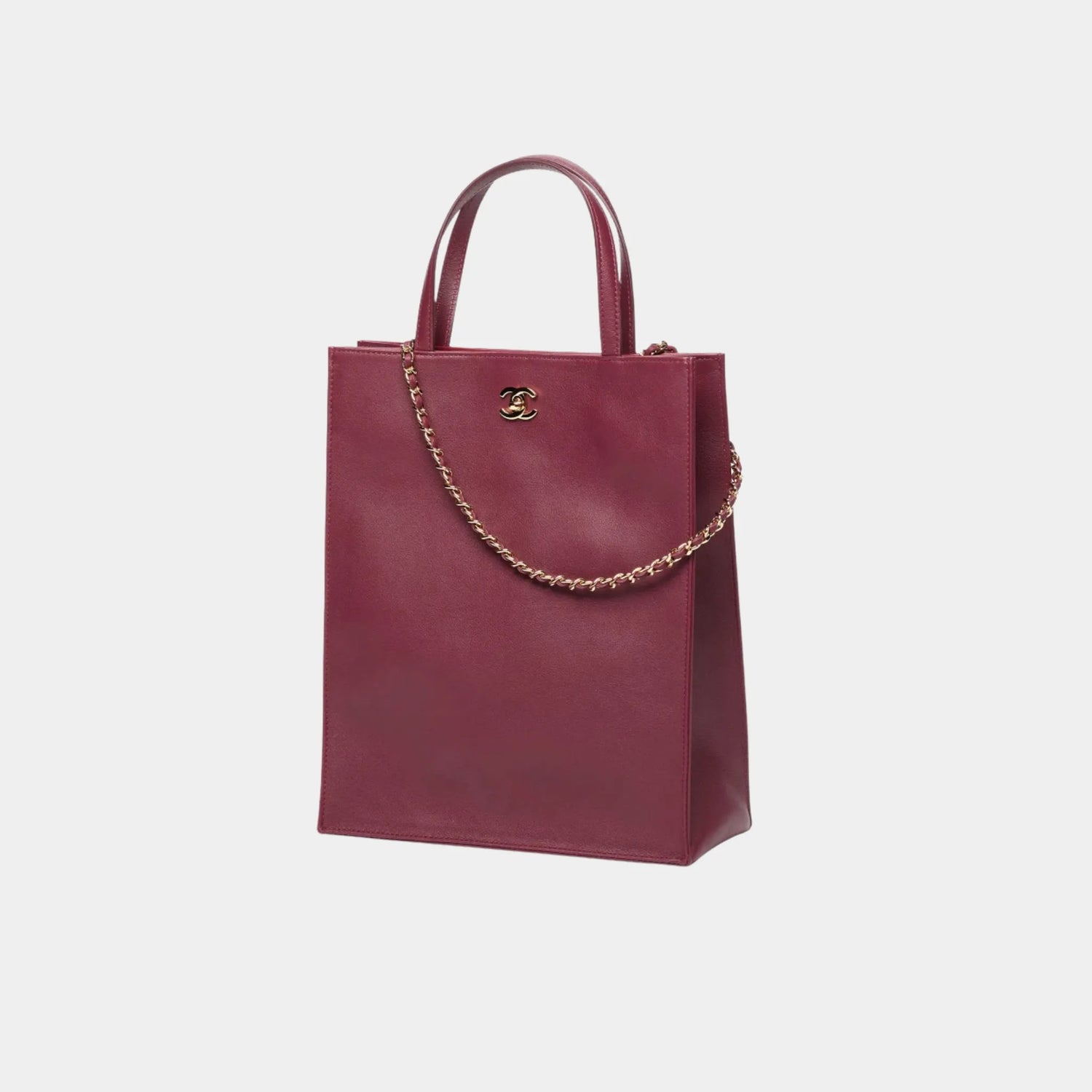 Chanel Small Tote Bag in Calfskin &amp; Gold-Tone Metal, Dark Burgundy, Side