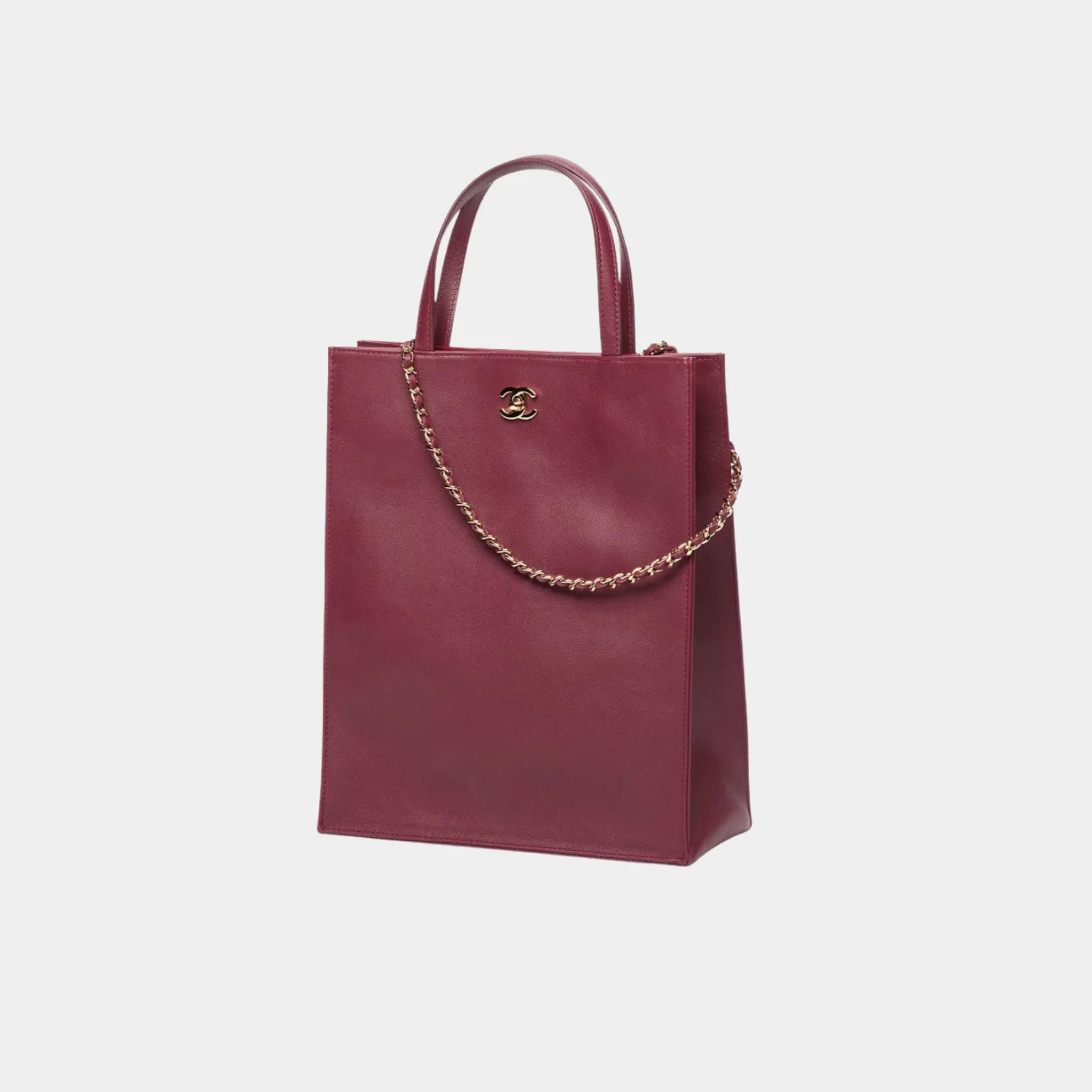Chanel Small Tote Bag in Calfskin &amp; Gold-Tone Metal, Dark Burgundy, Side