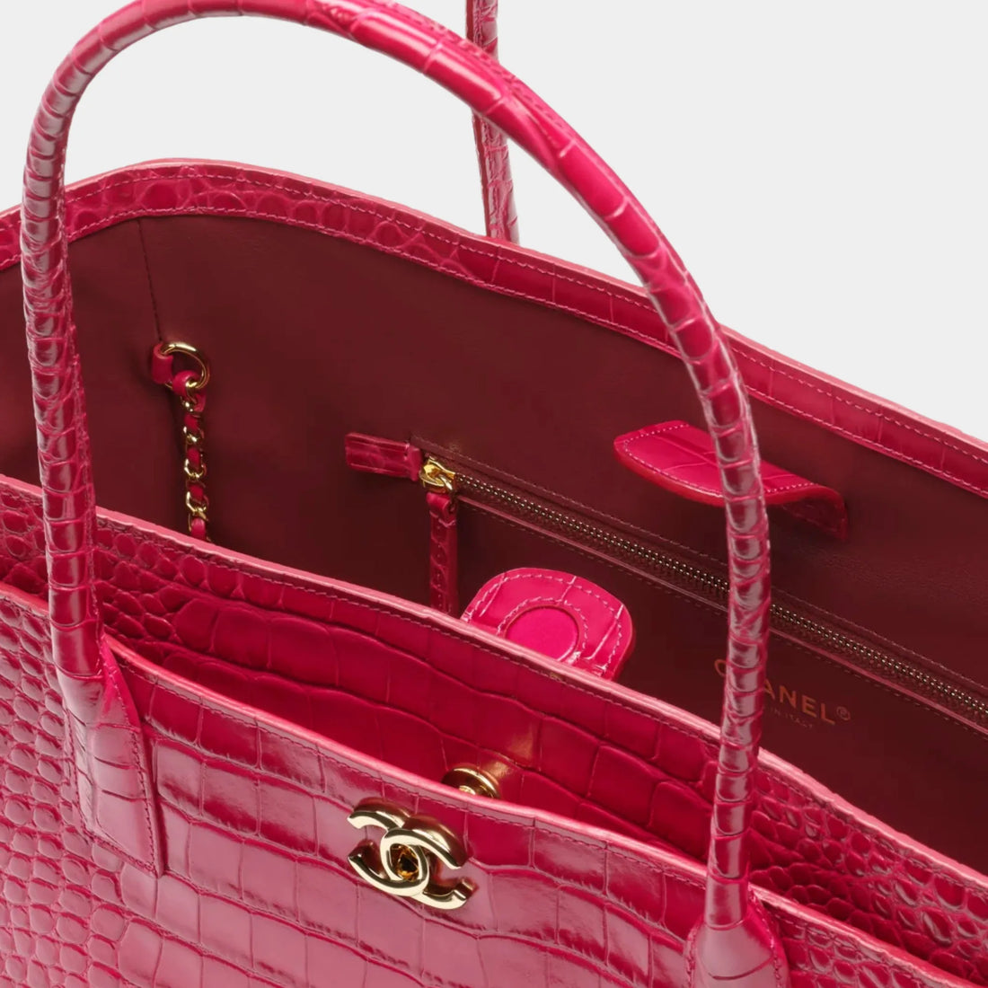 Small Tote Bag Crocodile-embossed Calfskin & Gold-Tone Metal Fuchsia