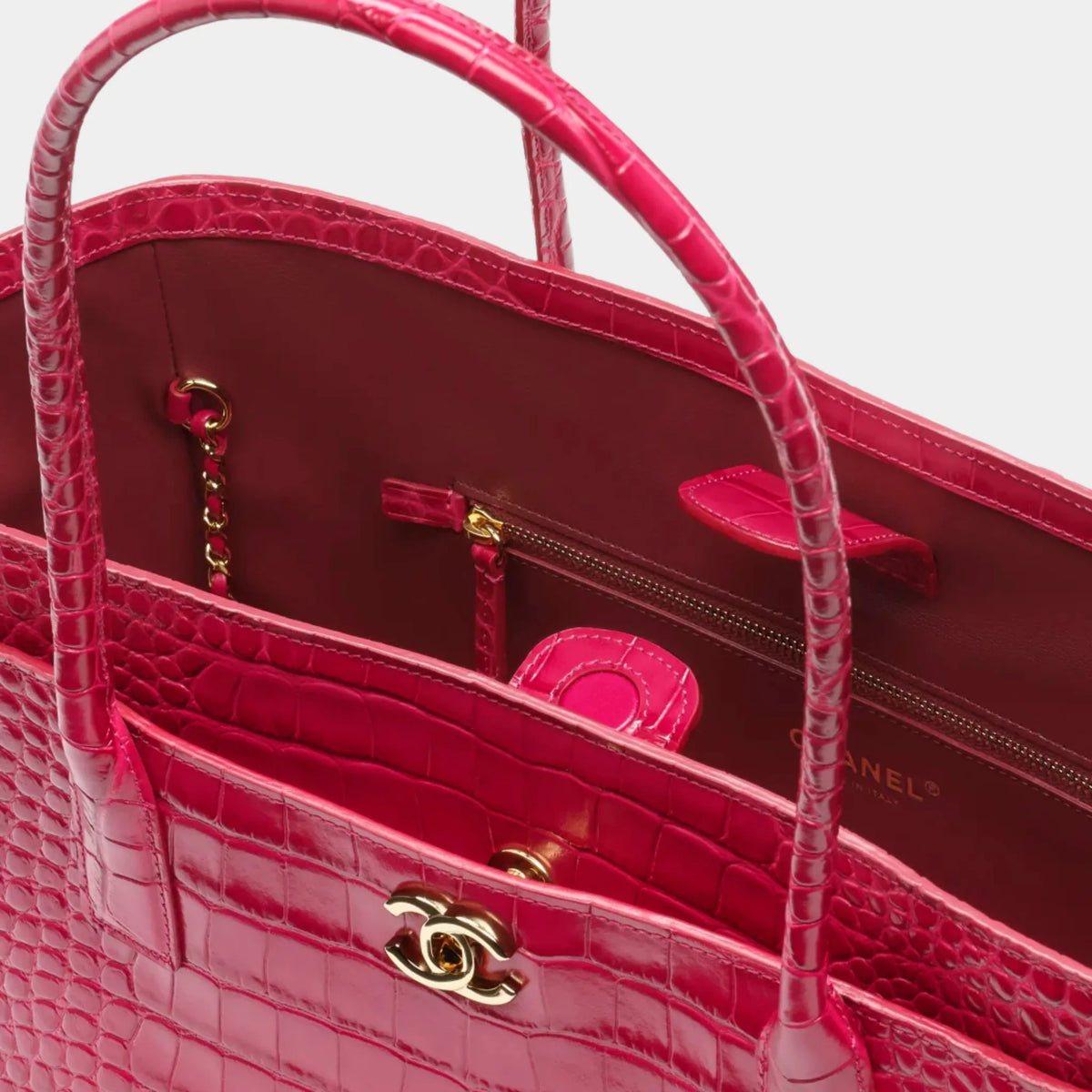 Small Tote Bag Crocodile-embossed Calfskin &amp; Gold-Tone Metal Fuchsia
