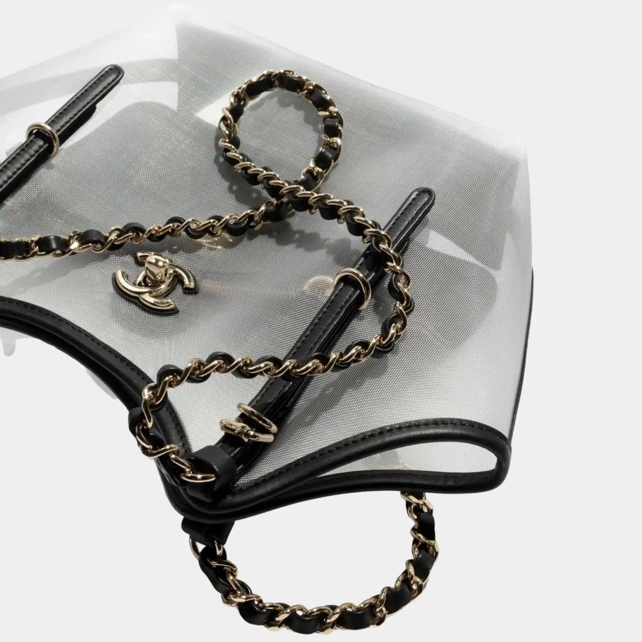 Small Tote Bag Fishnet Calfskin &amp; Gold-Tone Metal Transparent &amp; Black