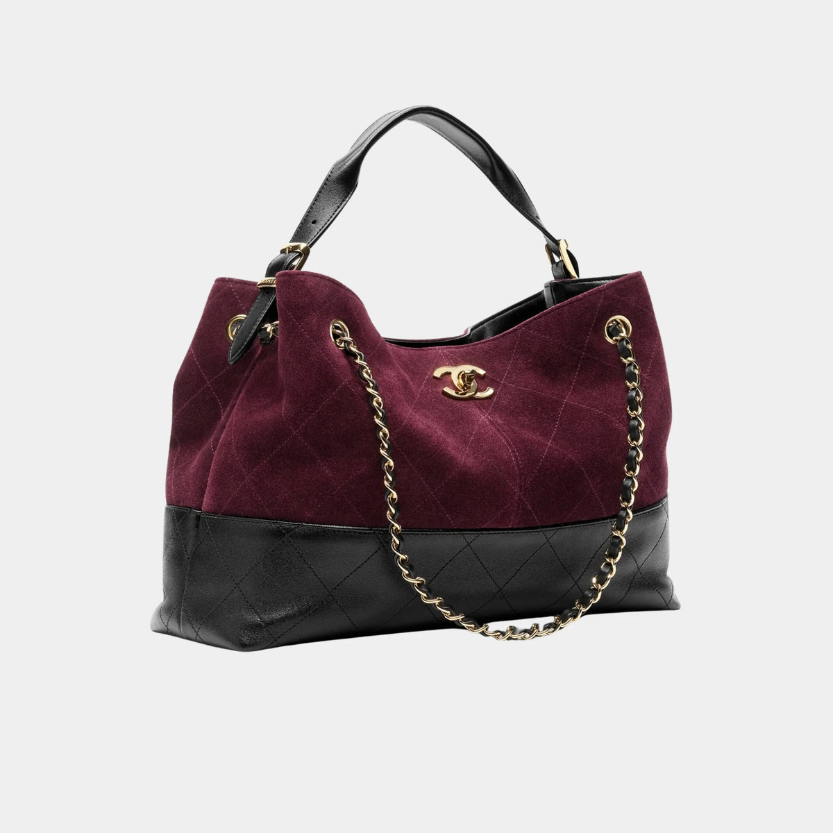 Chanel Small Tote Bag Suede Calfskin Shiny Lambskin &amp; Gold-Tone Metal Burgundy &amp; black