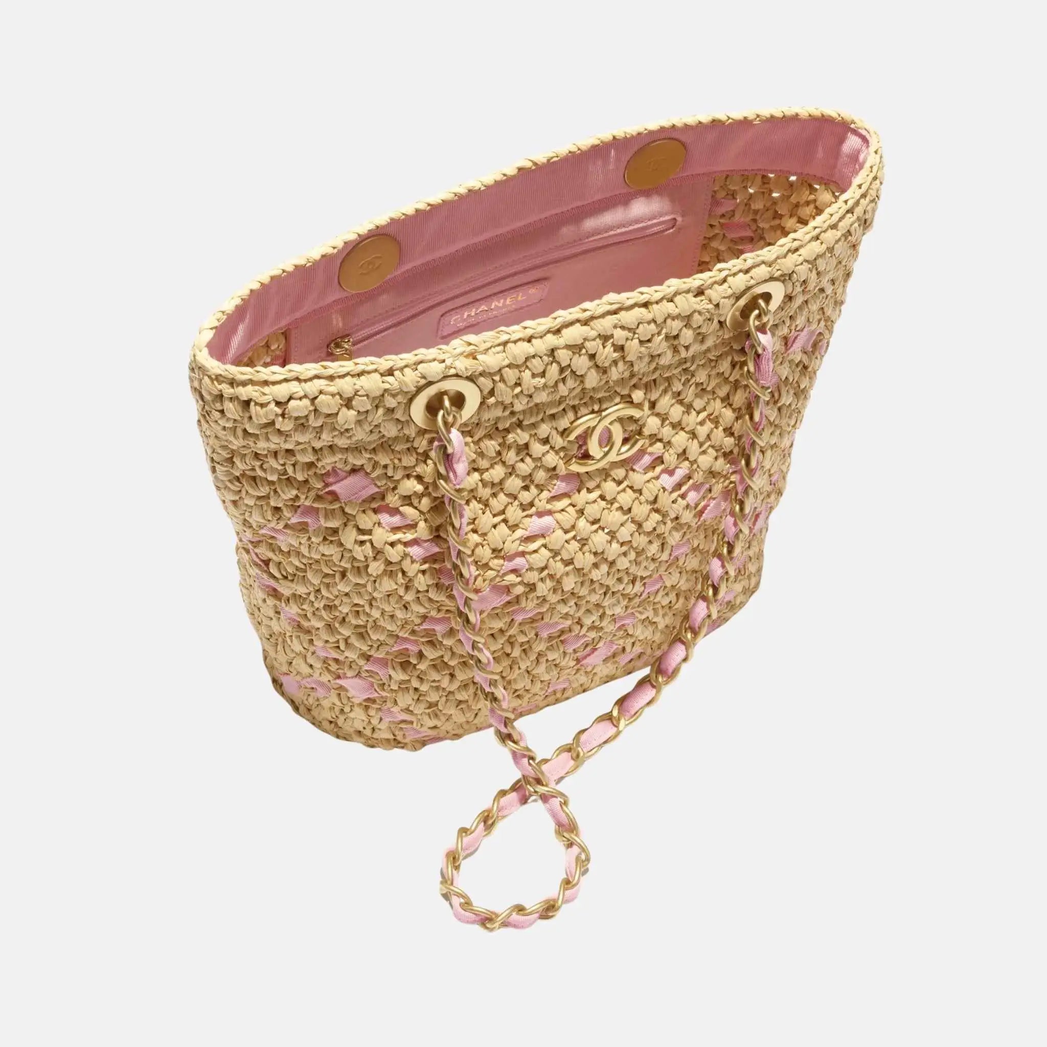 Small Tote Braided Raffia Cotton Grosgain Ribbon &amp; gold tone metal, Light pink . inside