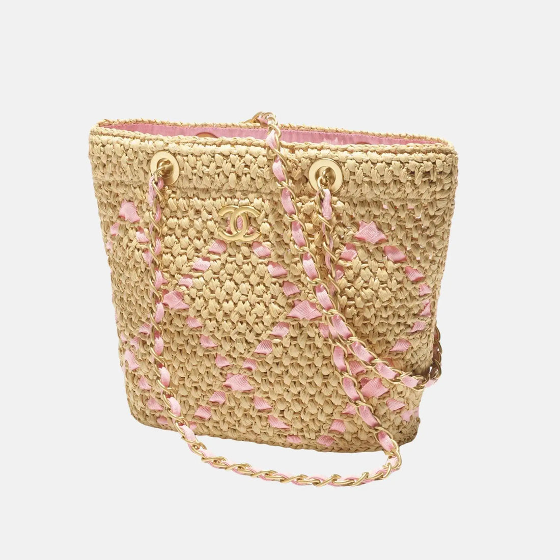 Small Tote Braided Raffia Cotton Grosgain Ribbon &amp; gold tone metal, Light pink . Side 