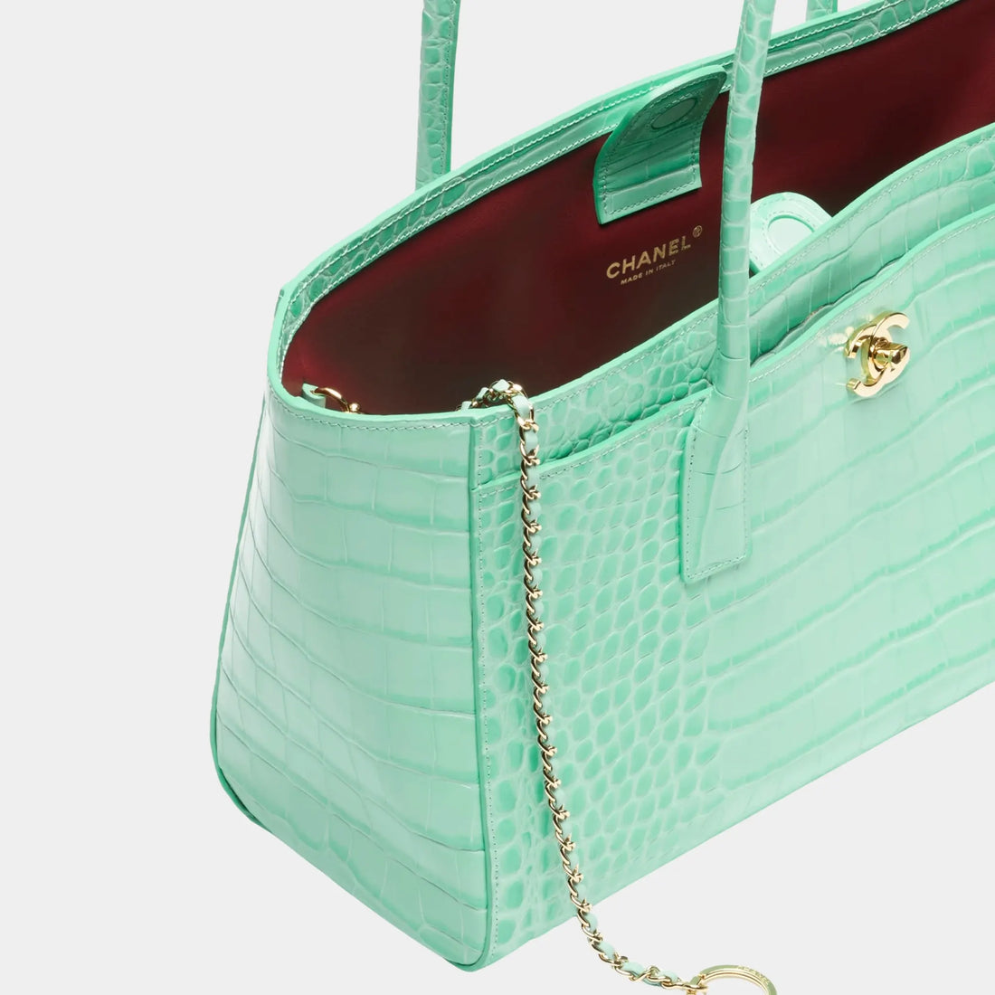 Chanel Small Tote in Crocodile Embossed Calfskin & Gold-Tone Metal, Green, Side