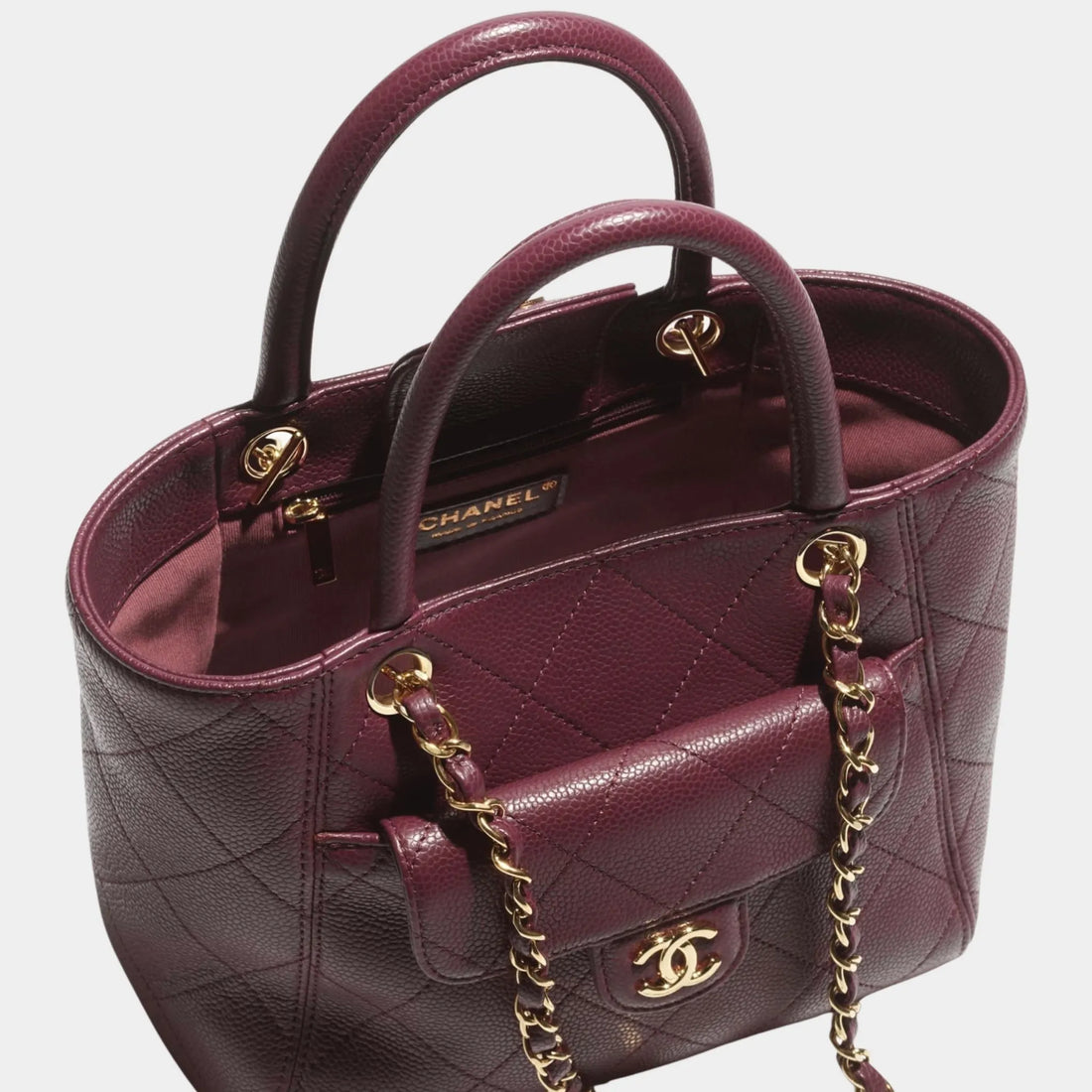 Small Tote Grained Calfskin & Gold Tone Metal Dark Burgundy