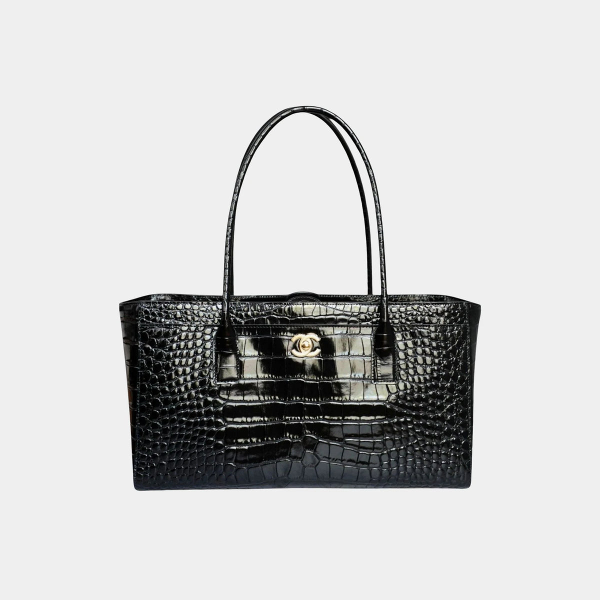 Small Tote in Crocodile Embossed Calfskin & Gold-Tone Metal Black