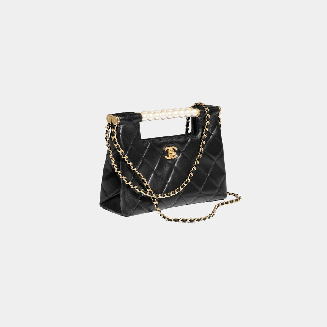 Chanel Small Tote Shiny Lambskin Pearls Gold-Tone Metal Black, Side