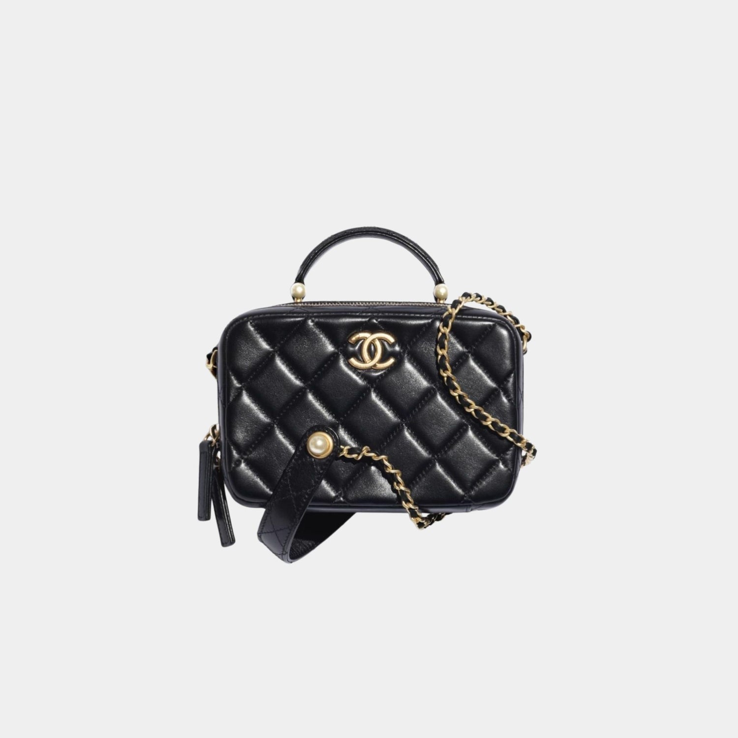 Chanel Small Vanity Case in Shiny Lambskin with Imitation Pearls, Black
