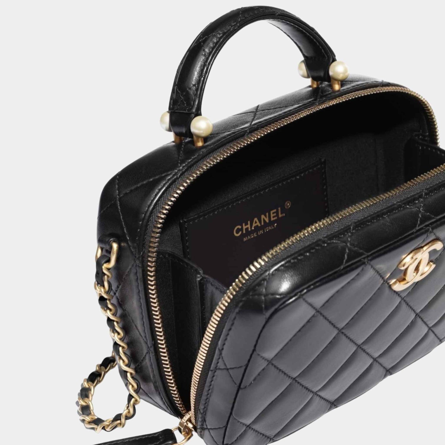 Chanel Small Vanity Case in Shiny Lambskin with Imitation Pearls, Top