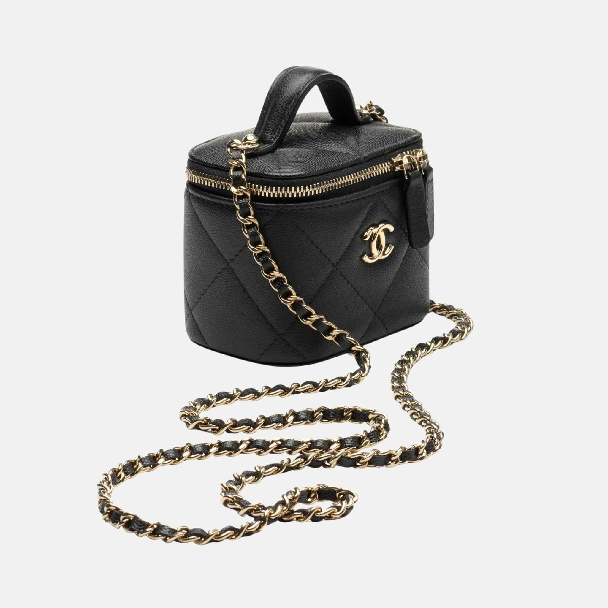 Chanel Small Vanity With Chain Grained Shiny Calfskin Gold Tone Metal, Front