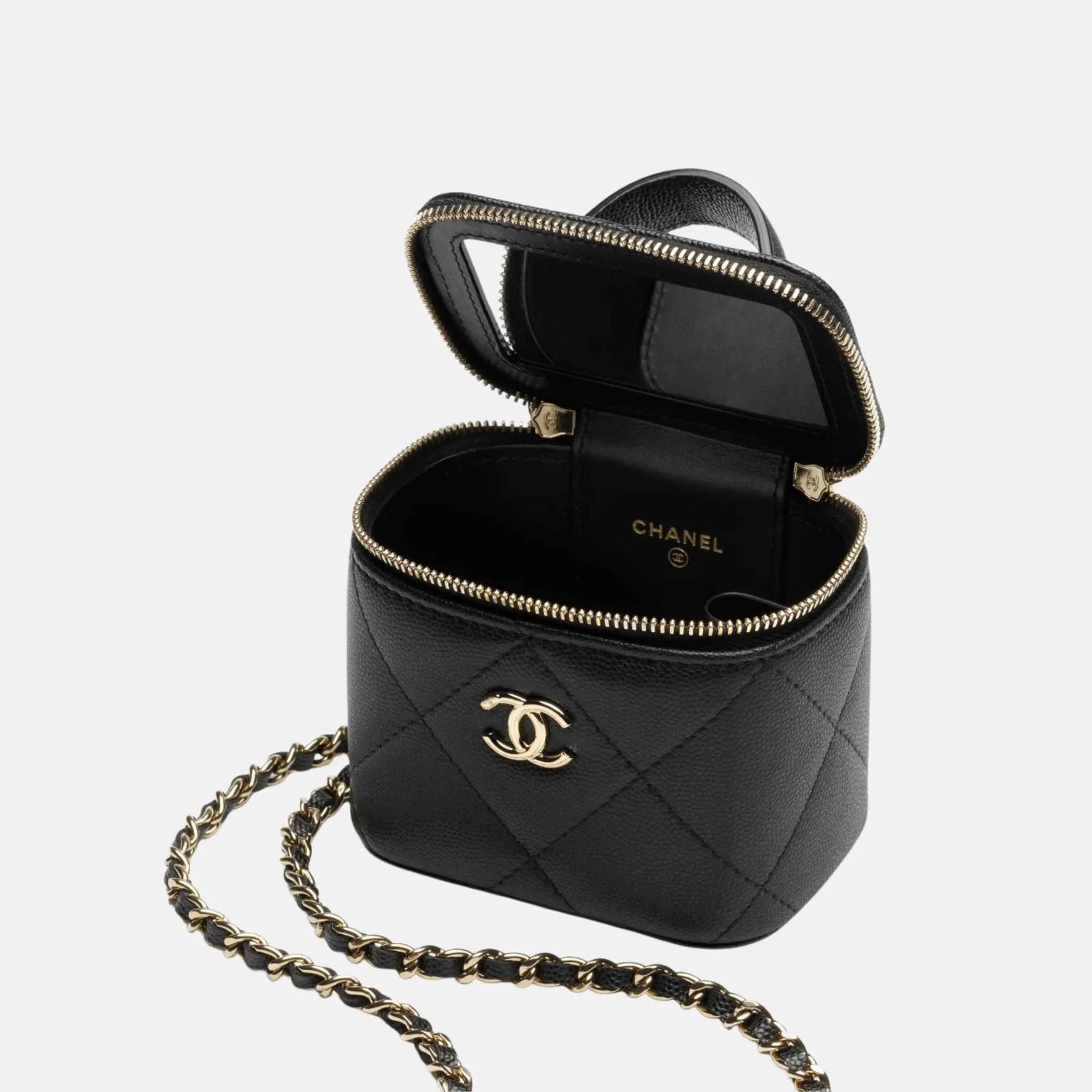 Chanel Small Vanity With Chain Grained Shiny Calfskin Gold Tone Metal, Inside