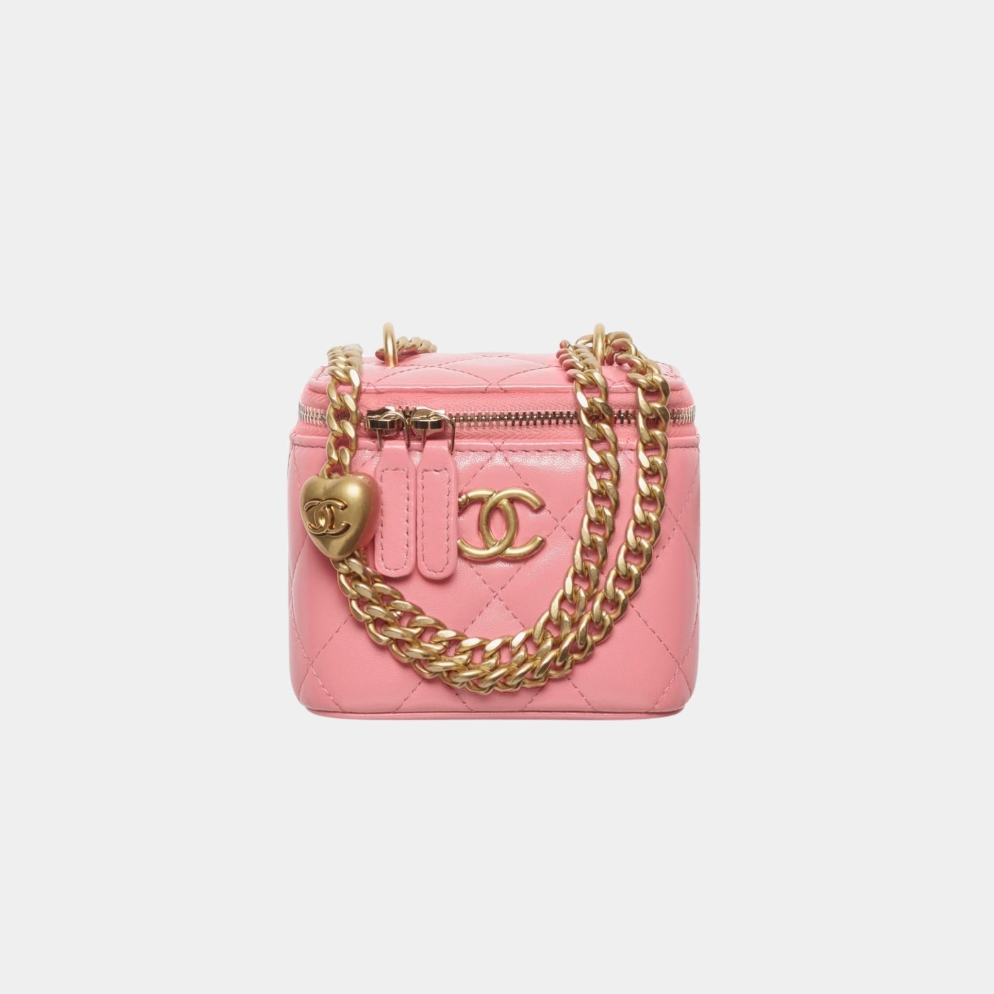 Chanel Small Vanity with Chain in Shiny Lambskin and Gold Tone Metal, Light Pink
