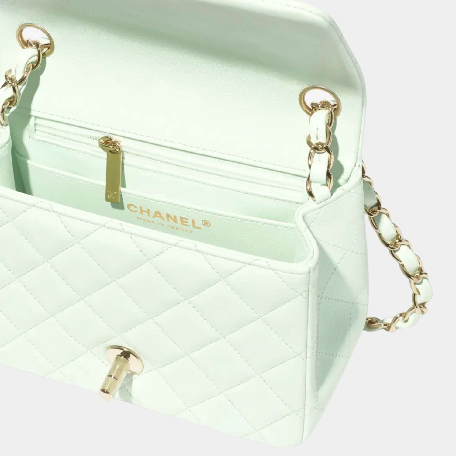Chanel Square Mini Classic Handbag Lambskin, Light Green, Inside