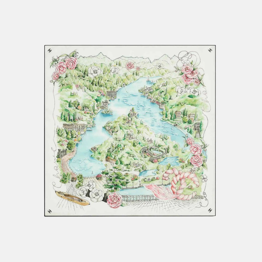 Chanel Square Scarf in Silk Twill White Multicolor and Black