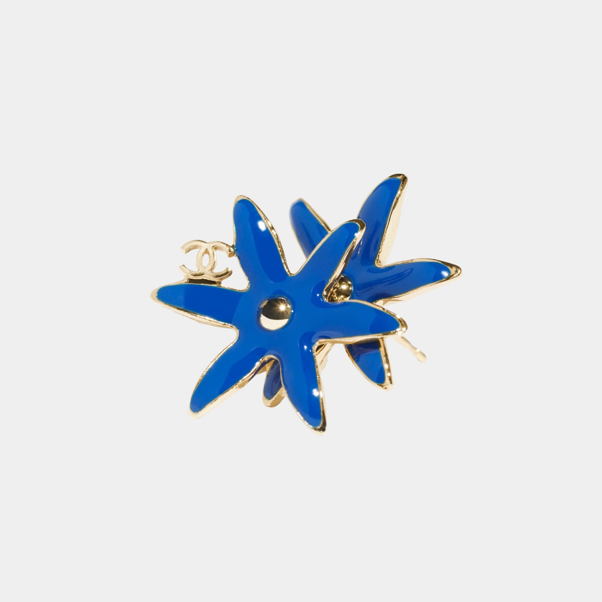 Chanel Star Flower Stud Earrings in Metal &amp; Resin, Gold &amp; Blue, Close